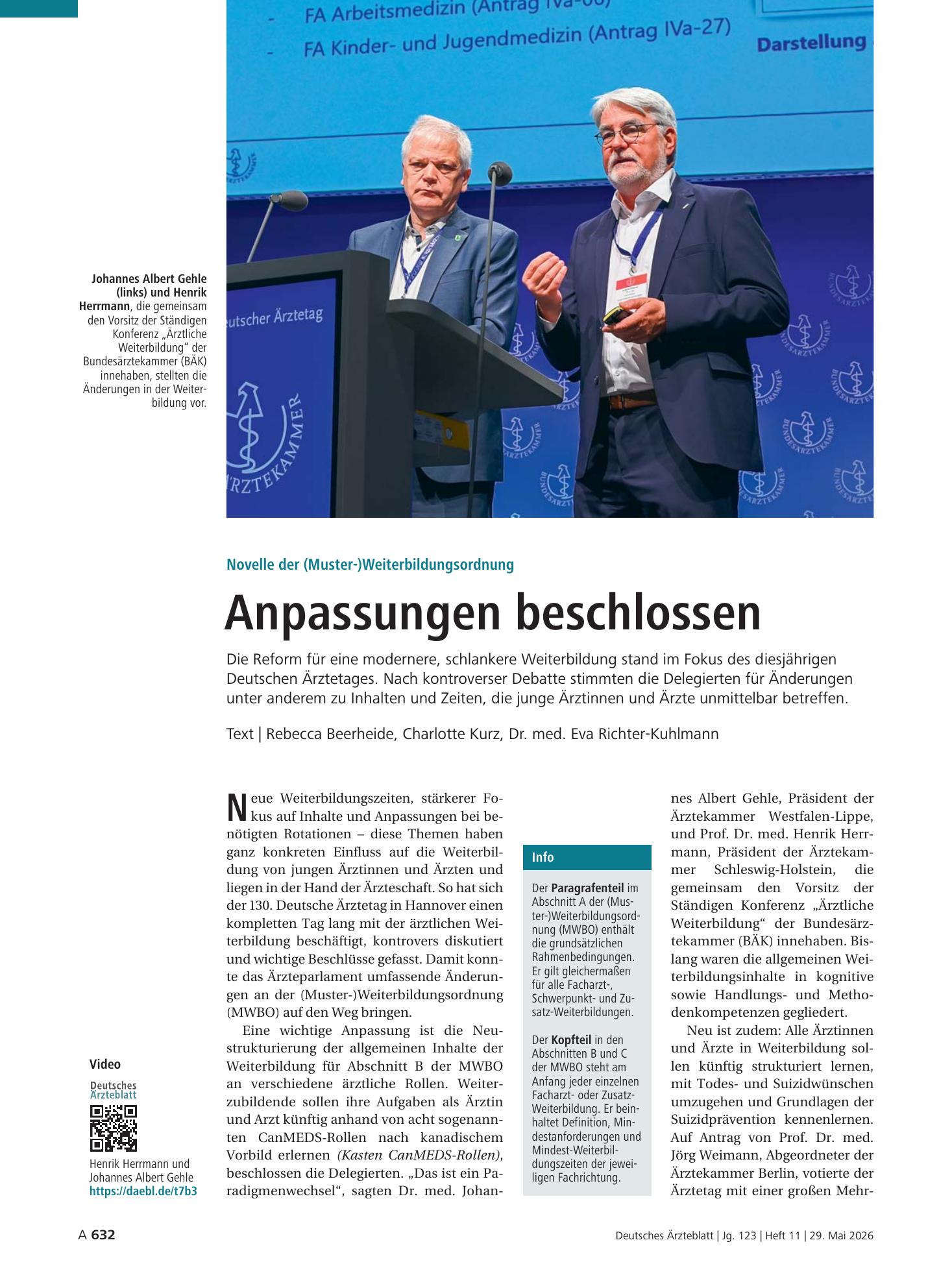 Vorschauseite 1: Novelle der (Muster-)Weiterbildungsordnung: Anpassungen beschlossen – Deutsches Ärzteblatt