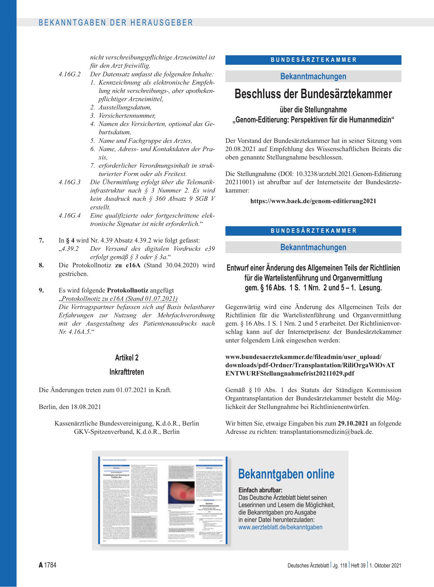 Vorschauseite 1: Bekanntgaben online – Deutsches Ärzteblatt