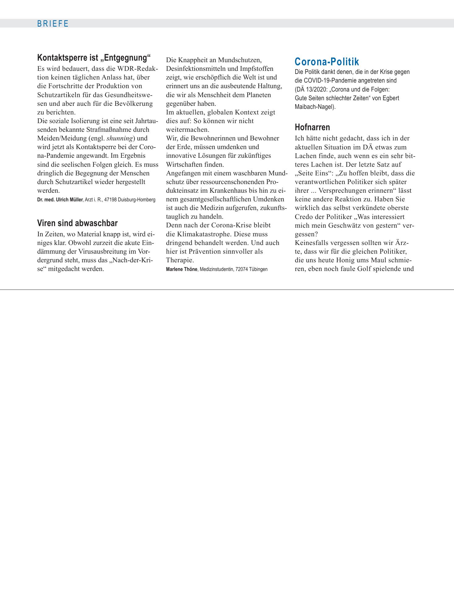Vorschauseite 1: Corona-Politik: Hofnarren – Deutsches Ärzteblatt