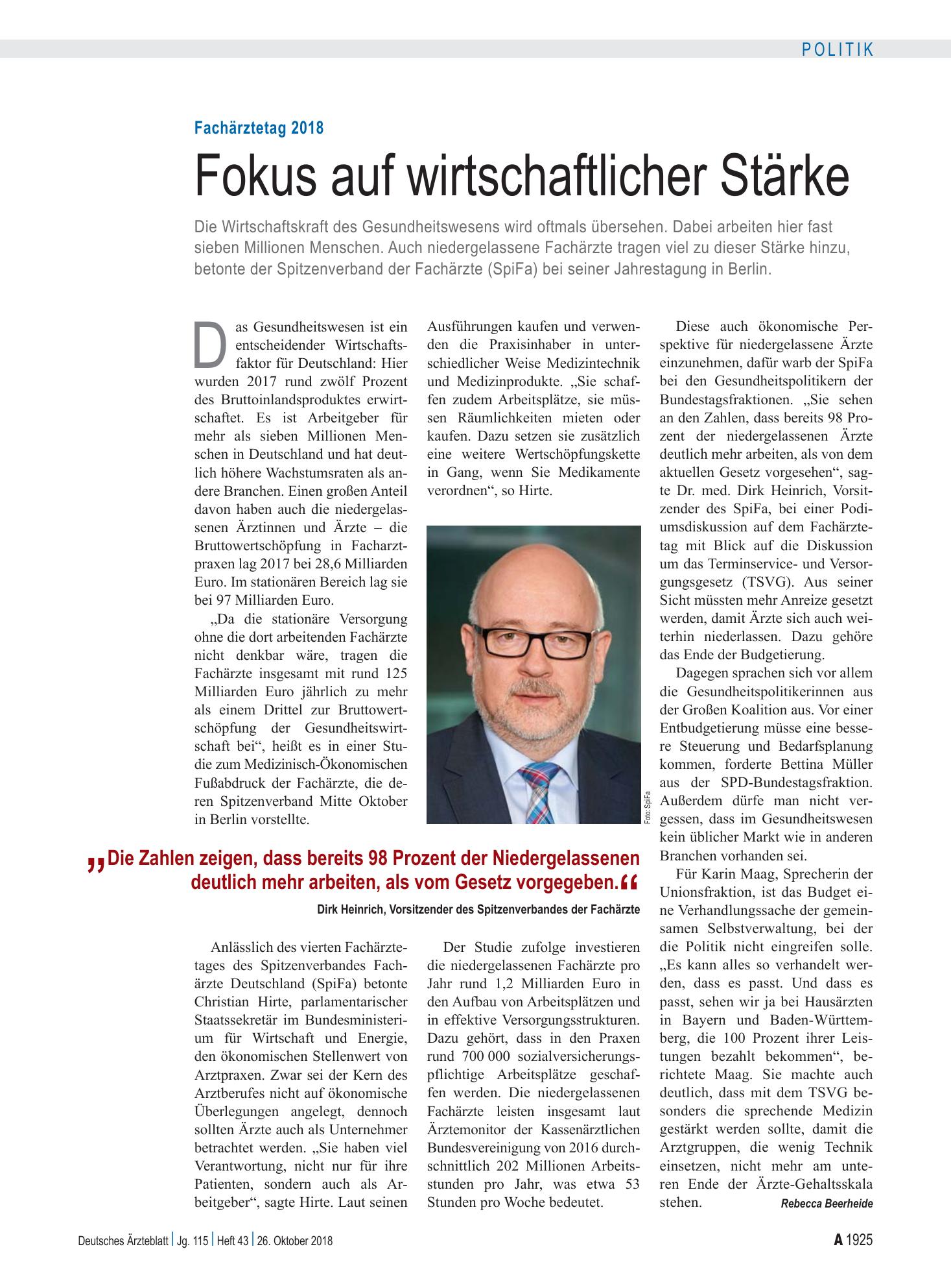 Vorschauseite 1: Fachärztetag 2018: Fokus auf wirtschaftlicher Stärke – Deutsches Ärzteblatt