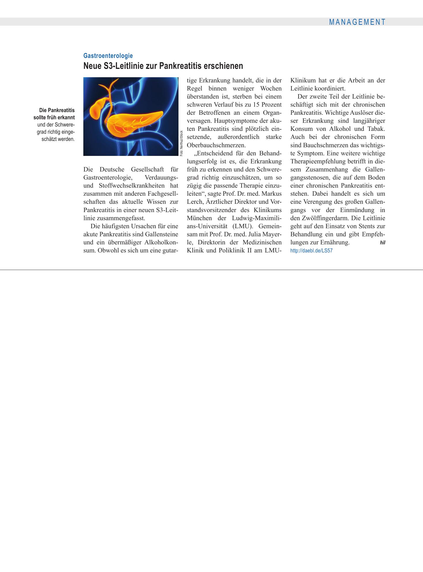 Vorschauseite 1: Gastroenterologie: Neue S3-Leitlinie zur Pankreatitis erschienen – Deutsches Ärzteblatt