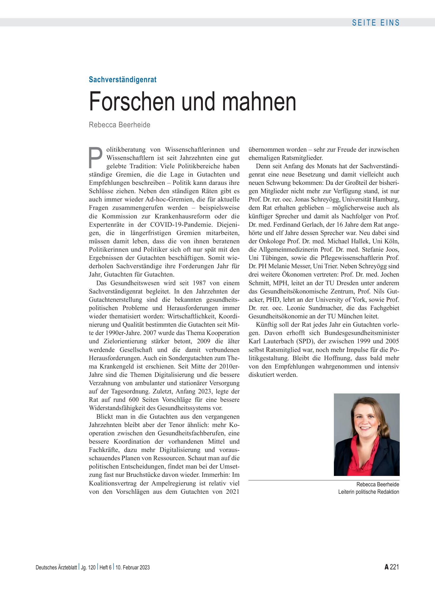 Vorschauseite 1: Sachverständigenrat: Forschen und mahnen – Deutsches Ärzteblatt