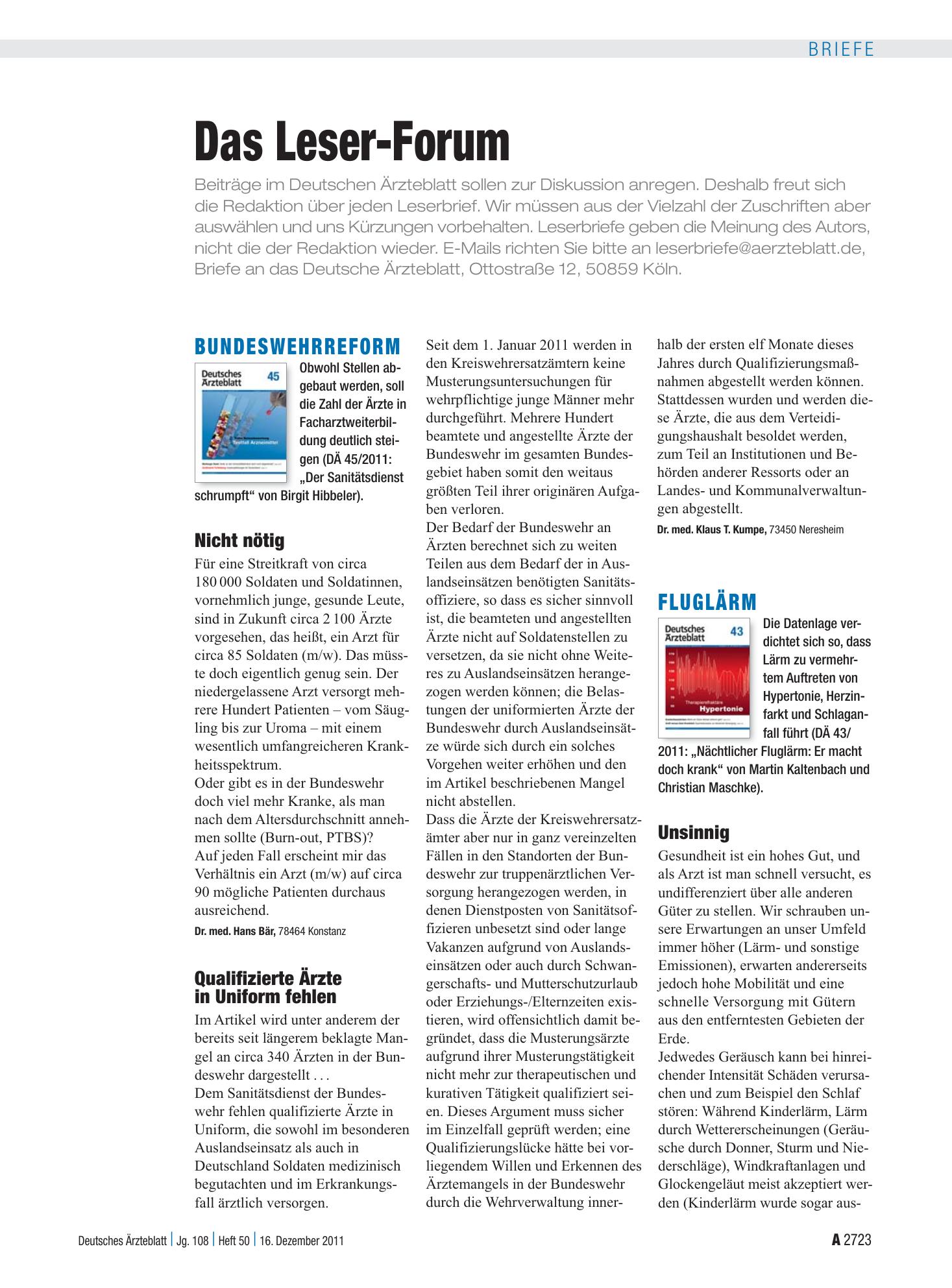 Vorschauseite 1: Bundeswehrreform: Nicht nötig – Deutsches Ärzteblatt
