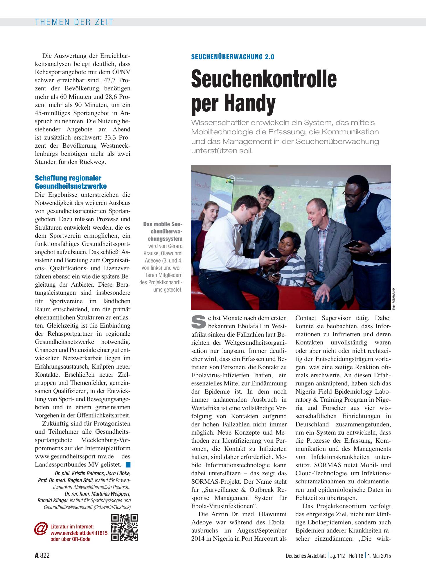 Vorschauseite 1: Seuchenüberwachung 2.0: Seuchenkontrolle per Handy – Deutsches Ärzteblatt