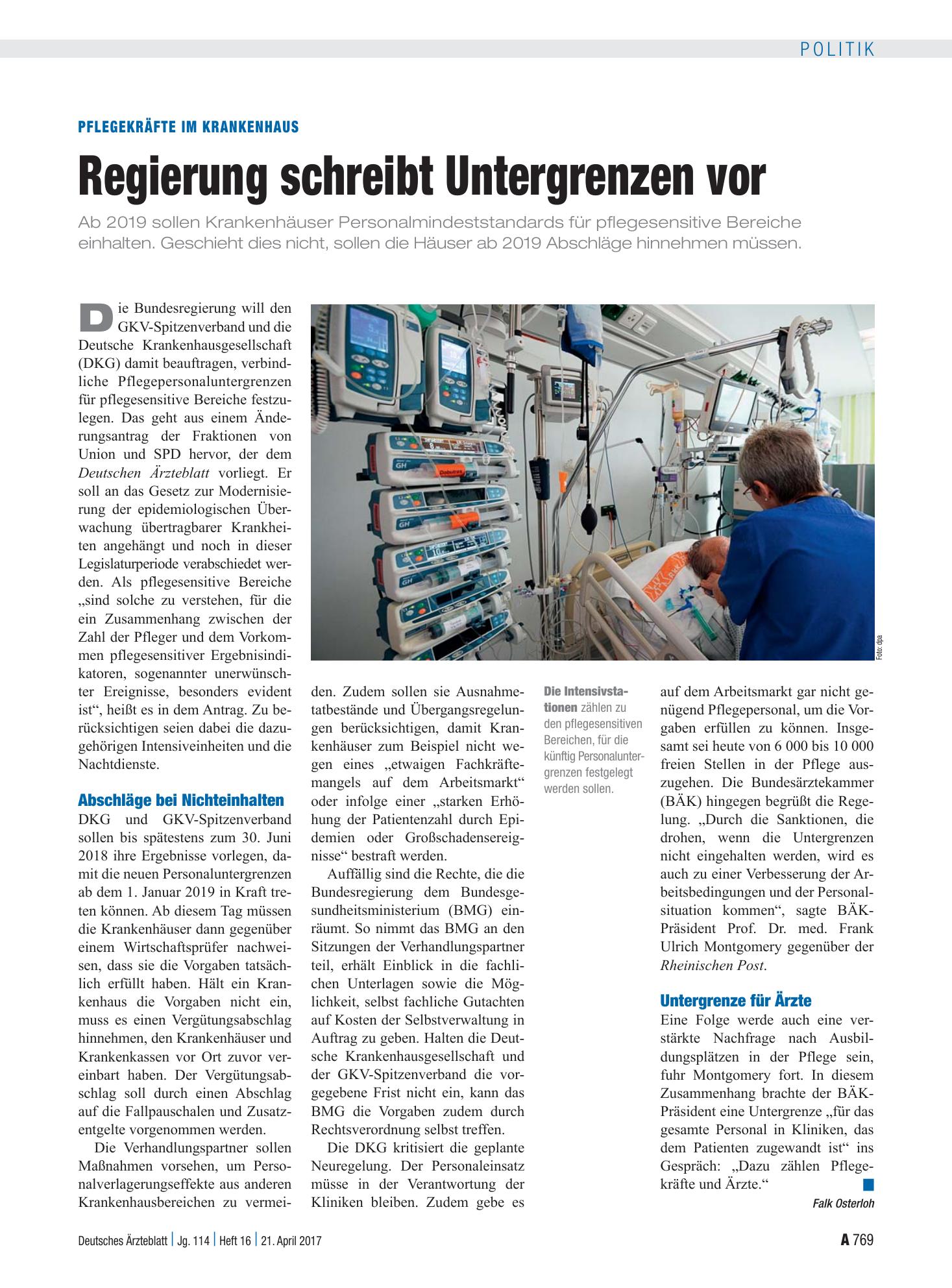 Vorschauseite 1: Pflegekräfte im Krankenhaus: Regierung schreibt Untergrenzen vor – Deutsches Ärzteblatt