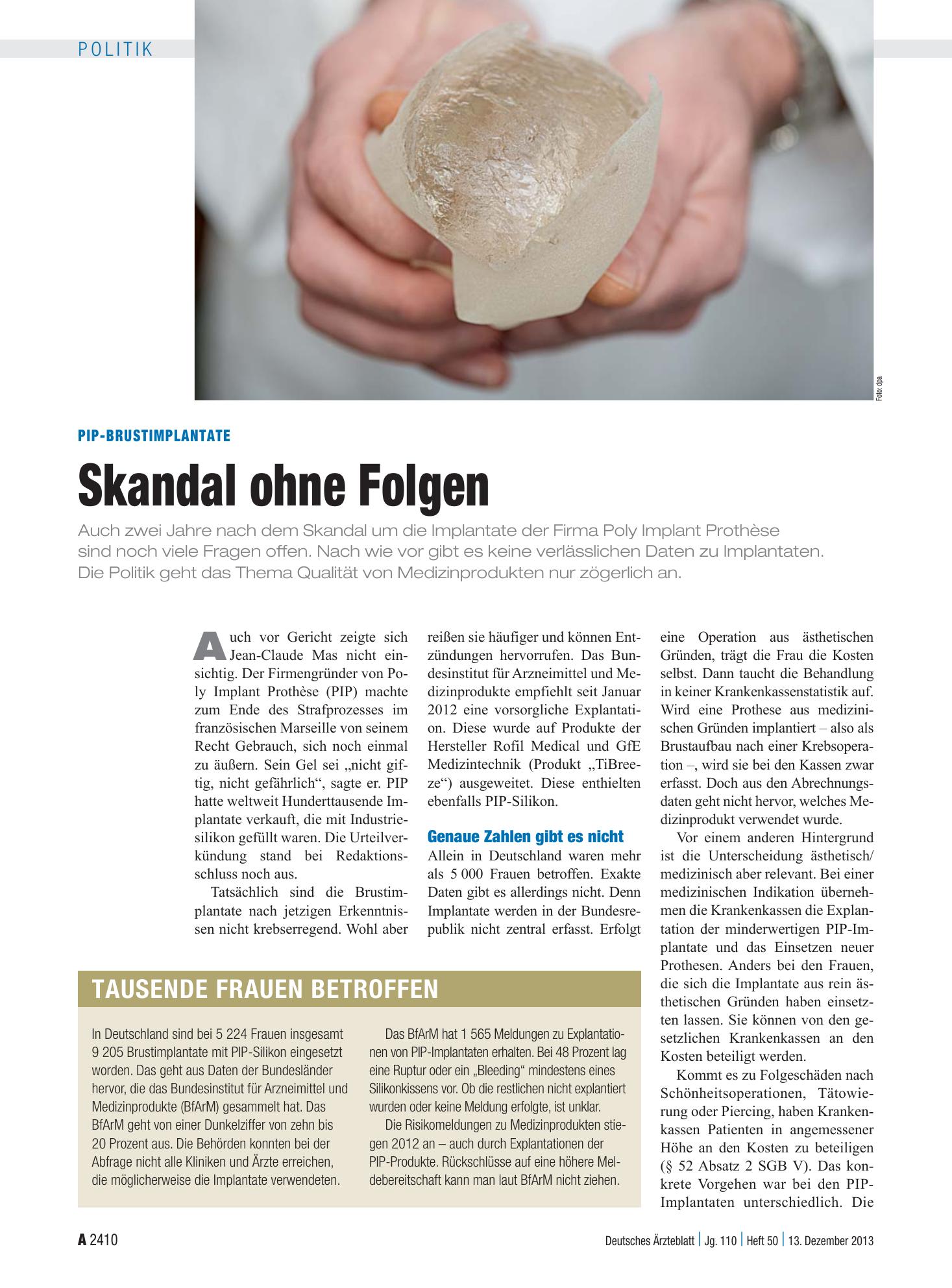 Vorschauseite 1: PIP-Brustimplantate: Skandal ohne Folgen – Deutsches Ärzteblatt