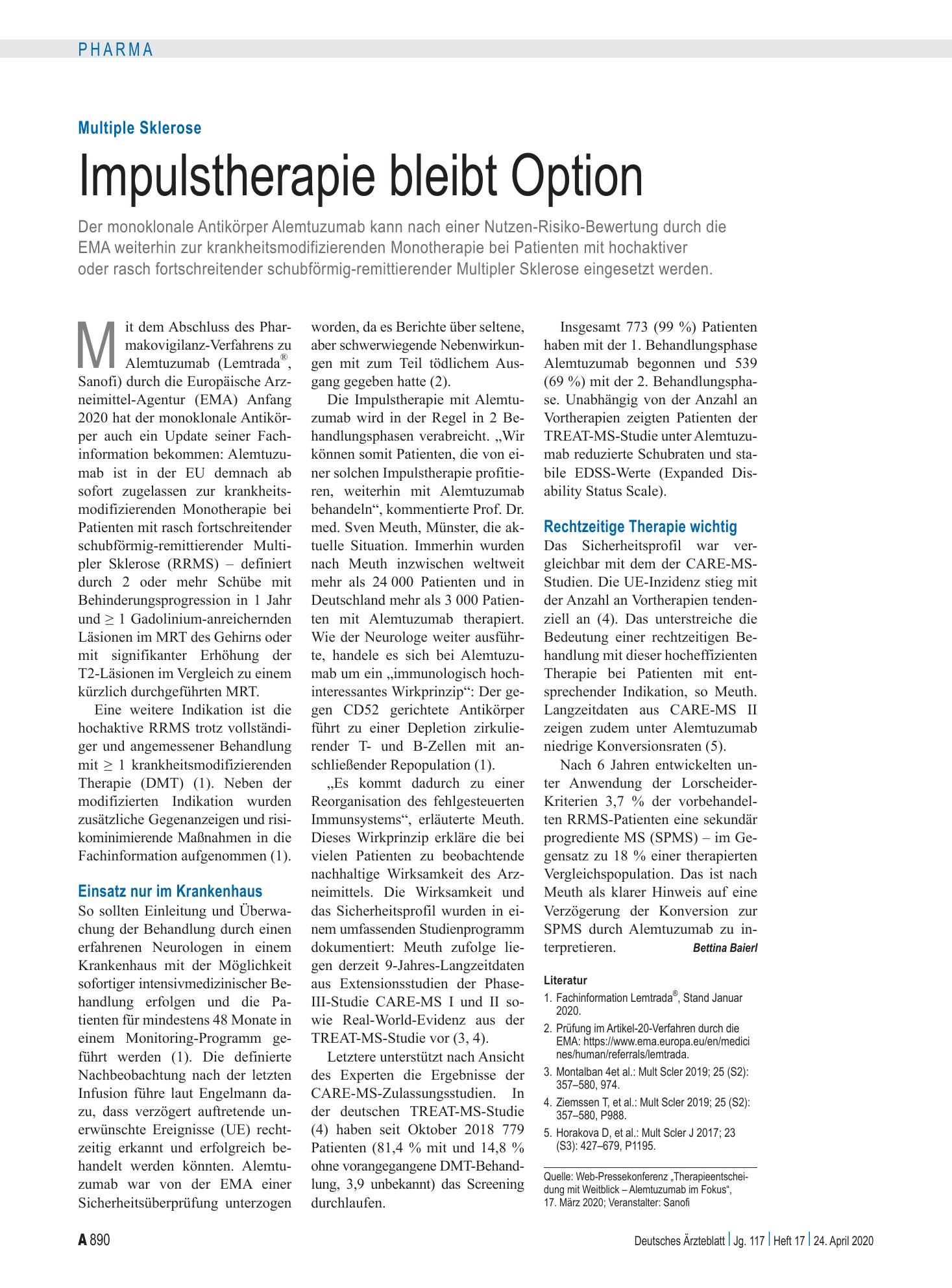 Vorschauseite 1: Multiple Sklerose: Impulstherapie bleibt Option – Deutsches Ärzteblatt