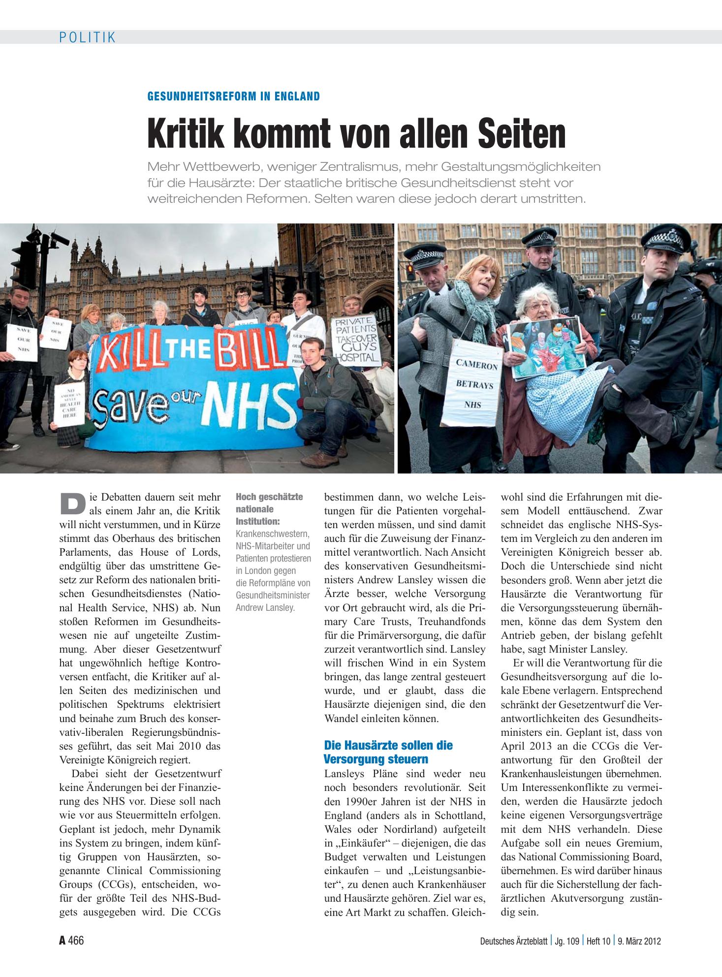 Vorschauseite 1: Gesundheitsreform in England: Kritik kommt von allen Seiten – Deutsches Ärzteblatt