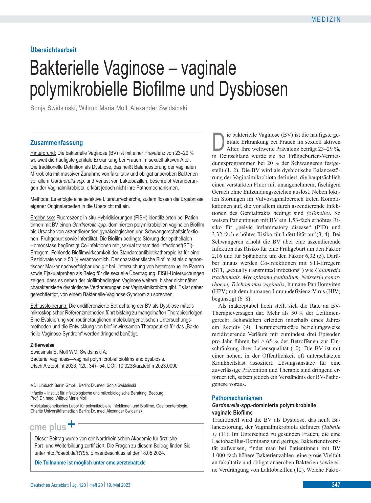 Vorschauseite 1: Bakterielle Vaginose – vaginale polymikrobielle Biofilme und Dysbiosen – Deutsches Ärzteblatt