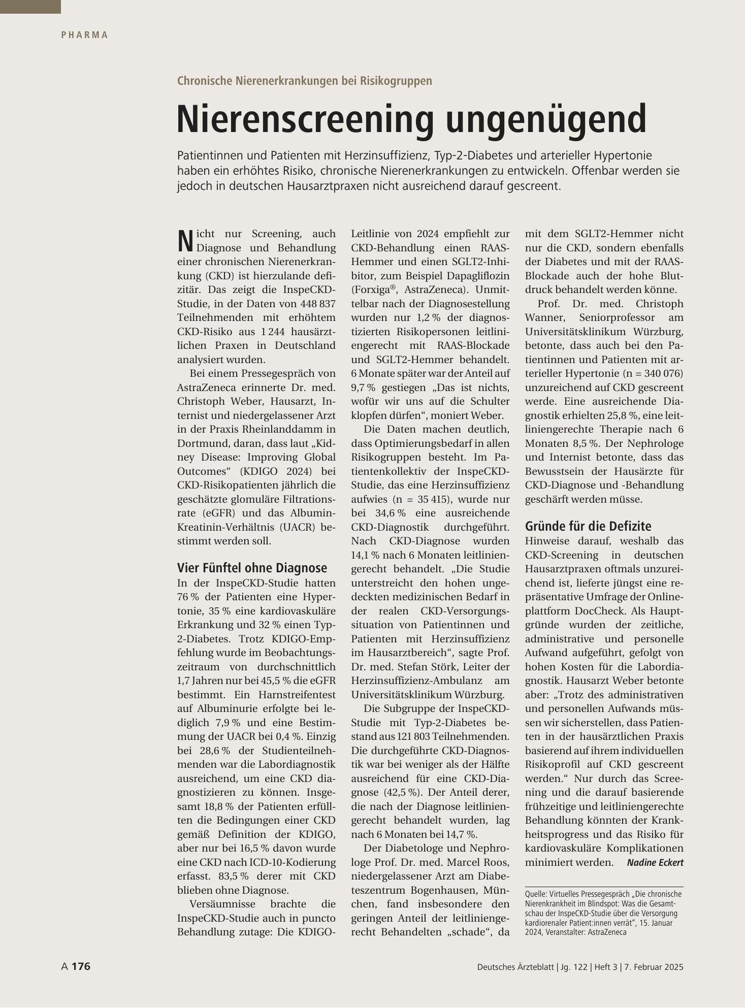 Vorschauseite 1: Chronische Nierenerkrankungen bei Risikogruppen: Nierenscreening ungenügend – Deutsches Ärzteblatt