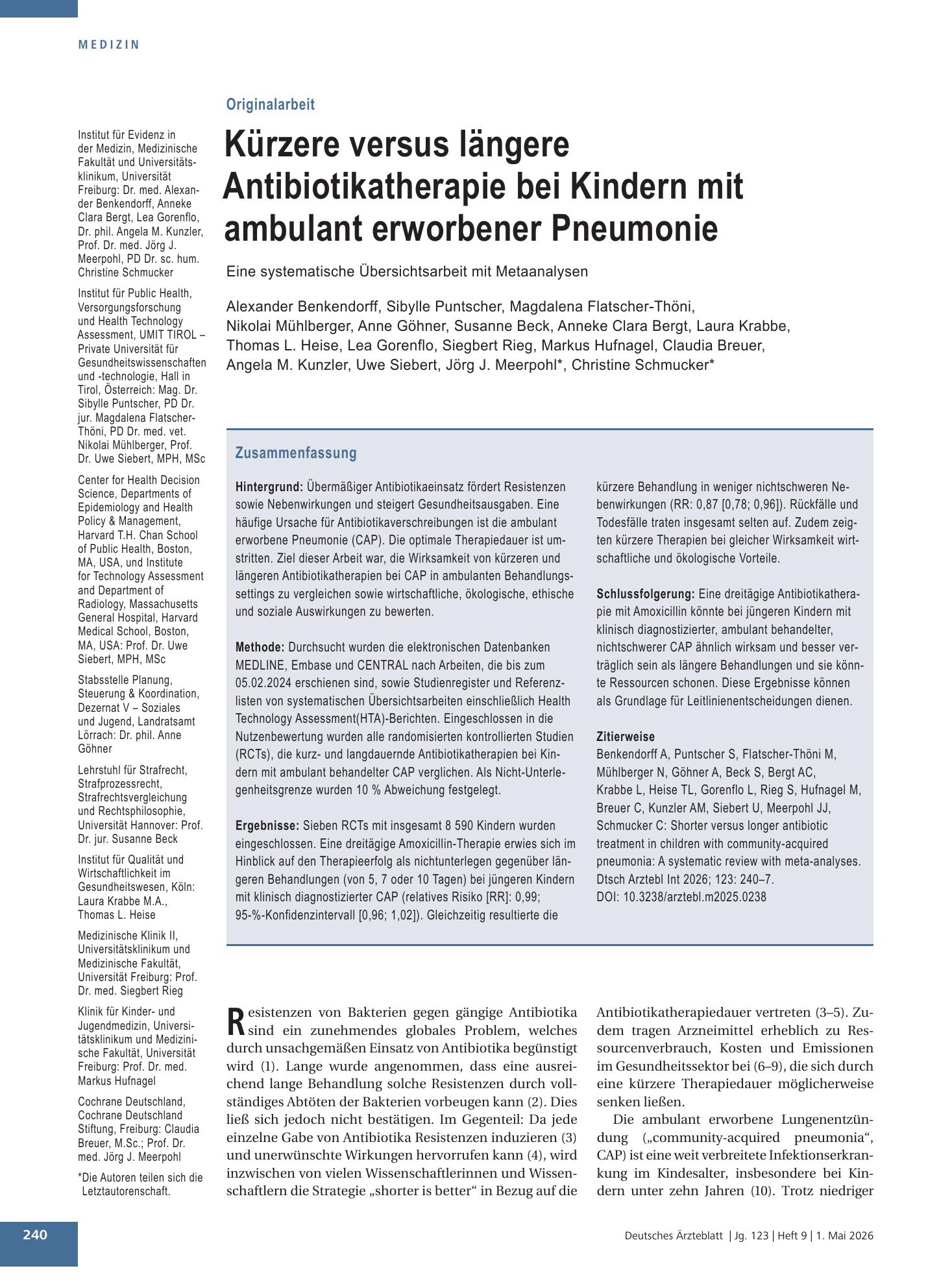 Vorschauseite 1: Kürzere versus längere Antibiotikatherapie bei Kindern mit ambulant erworbener Pneumonie – Deutsches Ärzteblatt