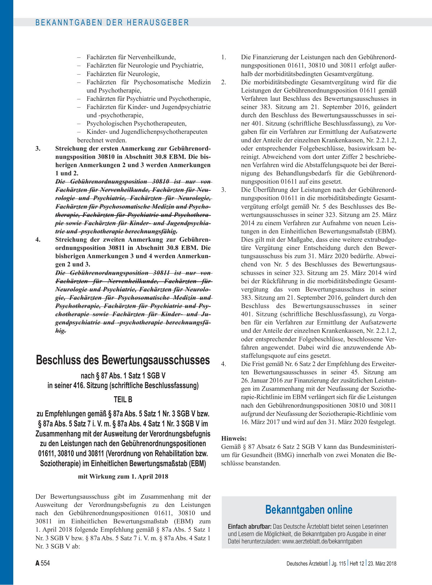 Vorschauseite 1: Bekanntgaben online – Deutsches Ärzteblatt