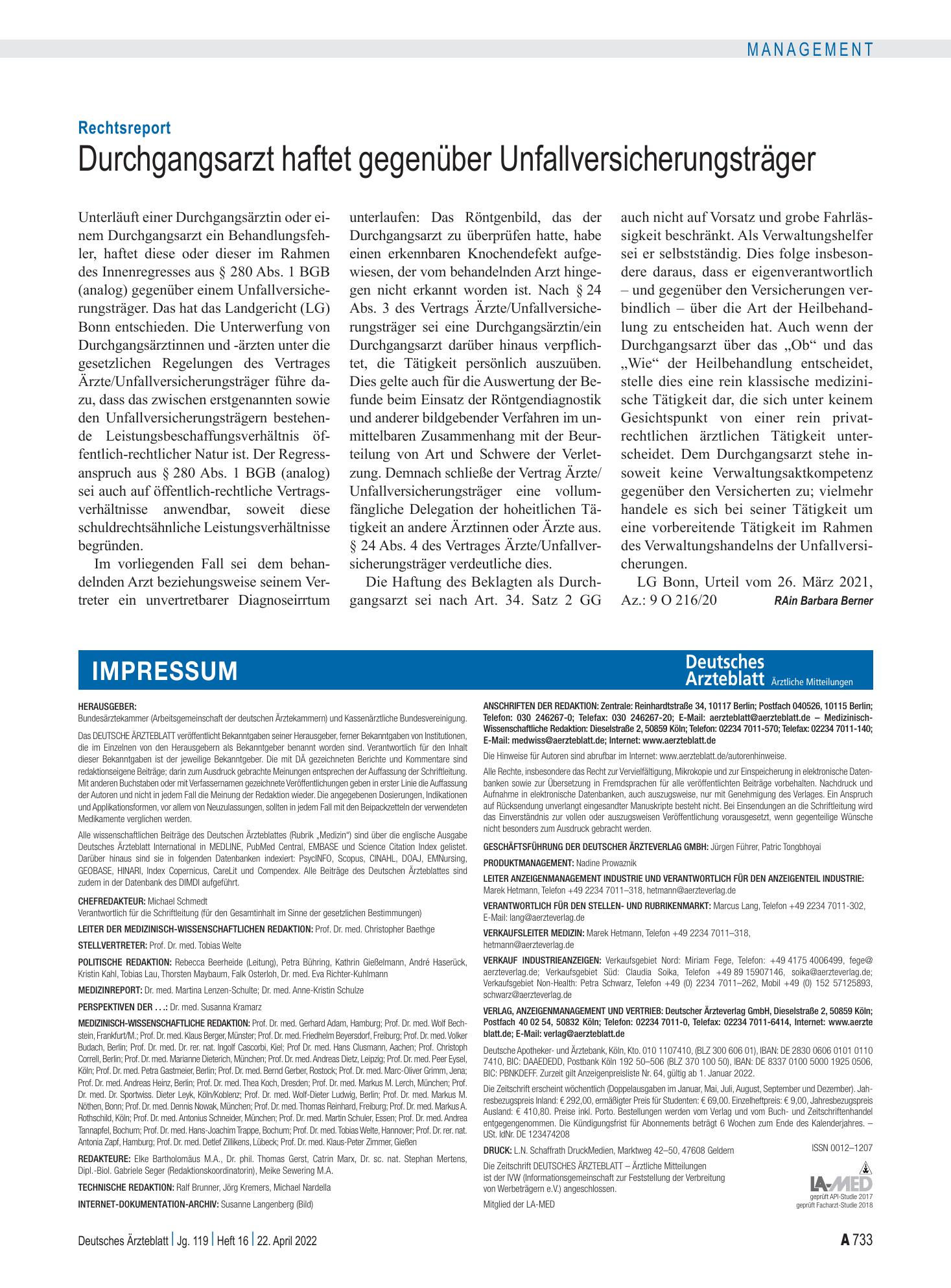 Vorschauseite 1: Rechtsreport: Durchgangsarzt haftet gegenüber Unfallversicherungsträger – Deutsches Ärzteblatt