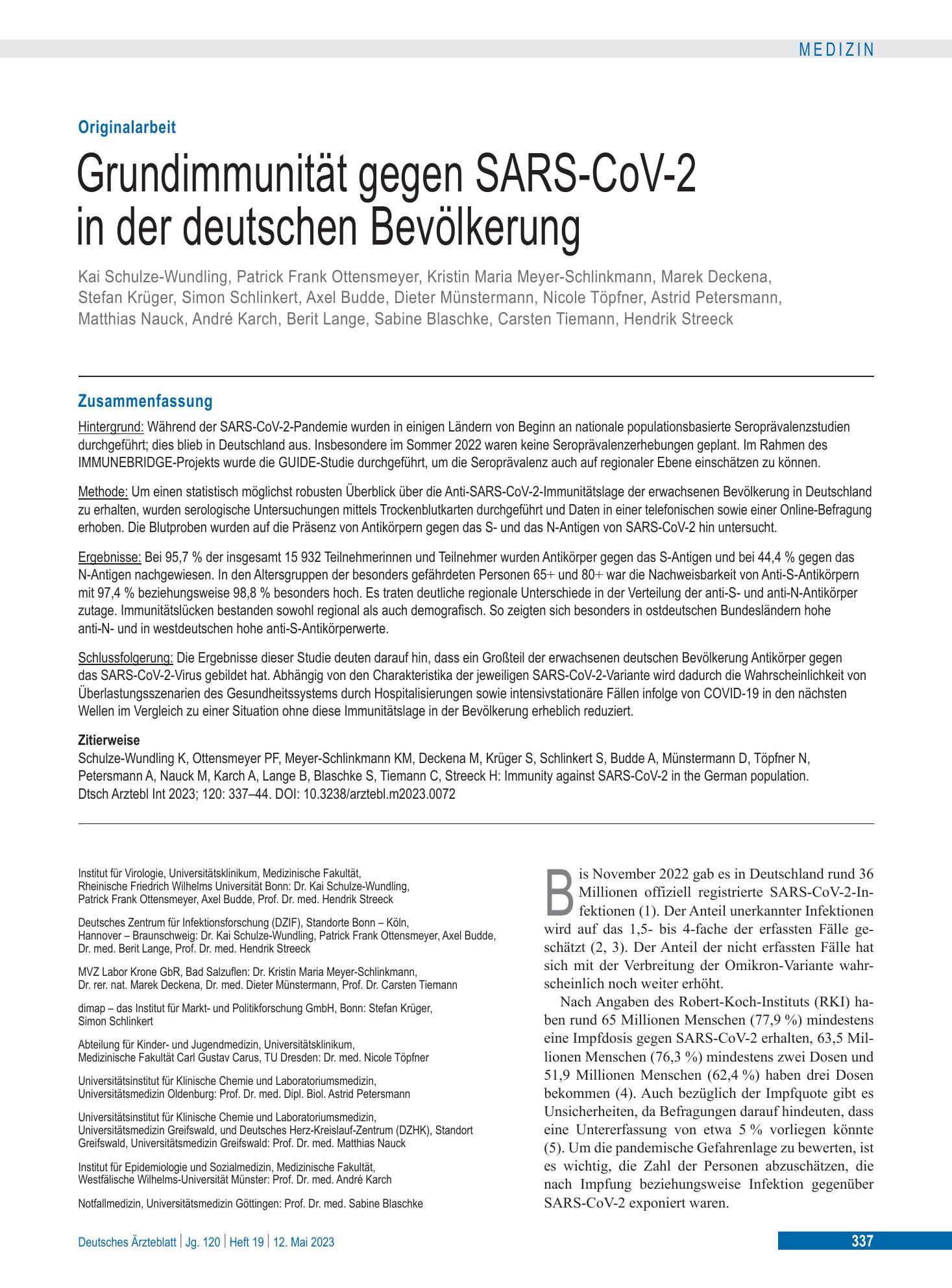 Vorschauseite 1: Grundimmunität gegen SARS-CoV-2 in der deutschen Bevölkerung – Deutsches Ärzteblatt