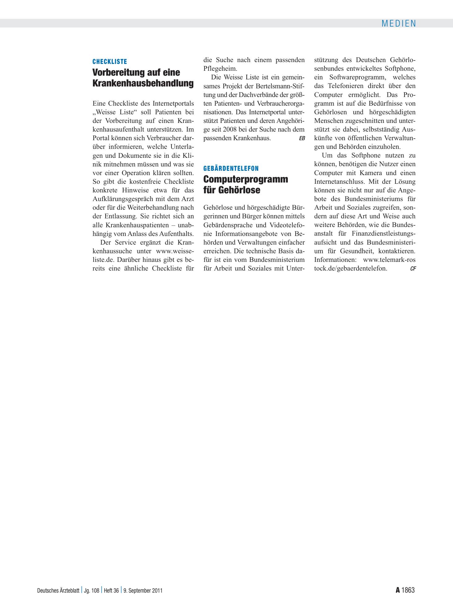 Vorschauseite 1: Gebärdentelefon: Computerprogramm für Gehörlose – Deutsches Ärzteblatt