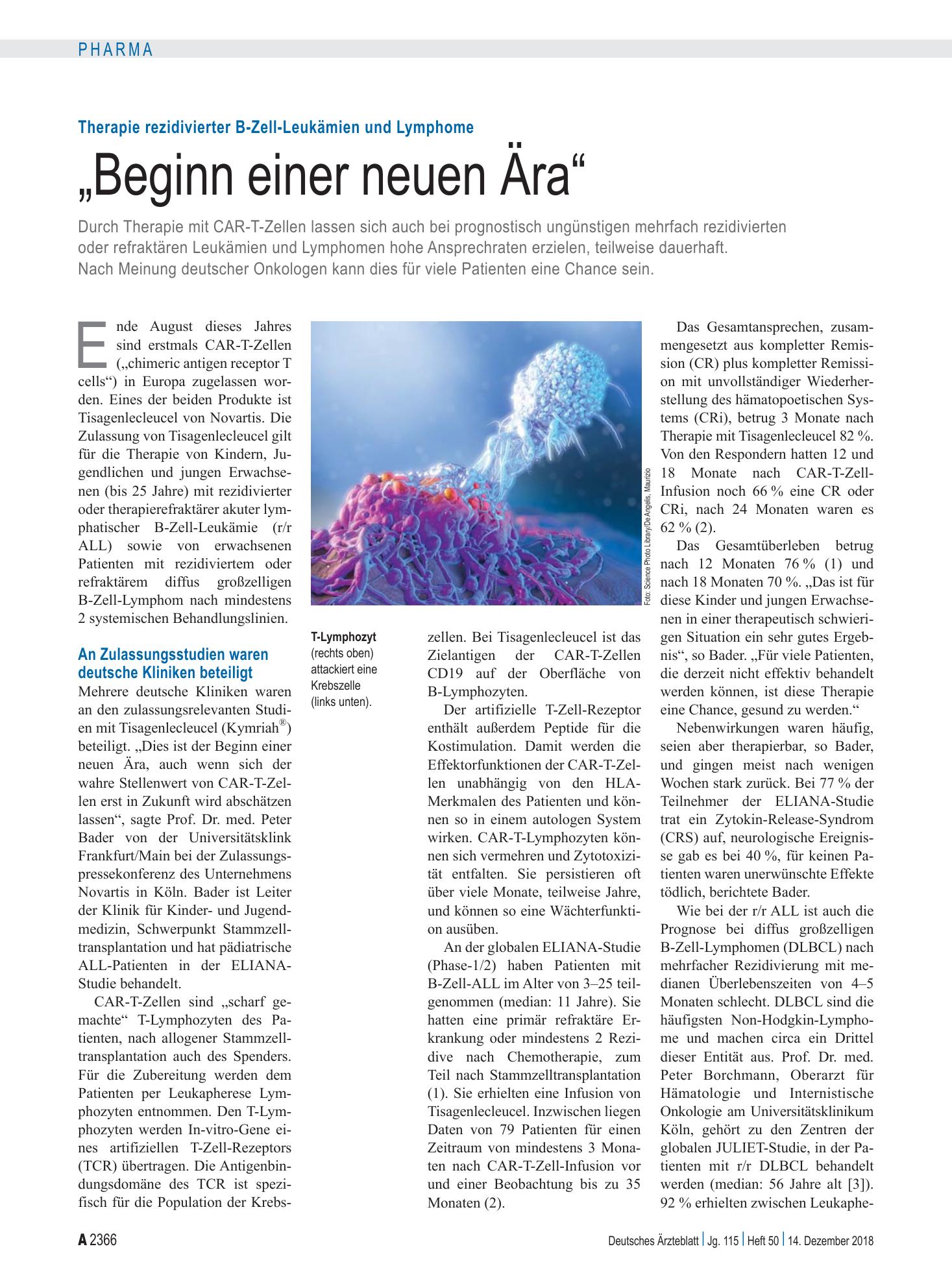 Vorschauseite 1: Therapie rezidivierter B-Zell-Leukämien und Lymphome: „Beginn einer neuen Ära“ – Deutsches Ärzteblatt