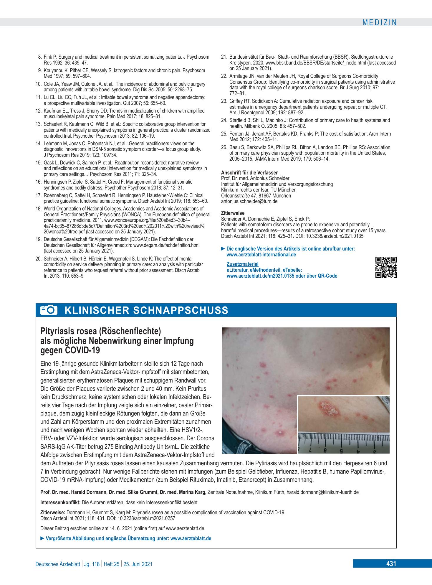 Vorschauseite 1: Pityriasis rosea (Röschenflechte) als mögliche Nebenwirkung einer Impfung gegen COVID-19 – Deutsches Ärzteblatt