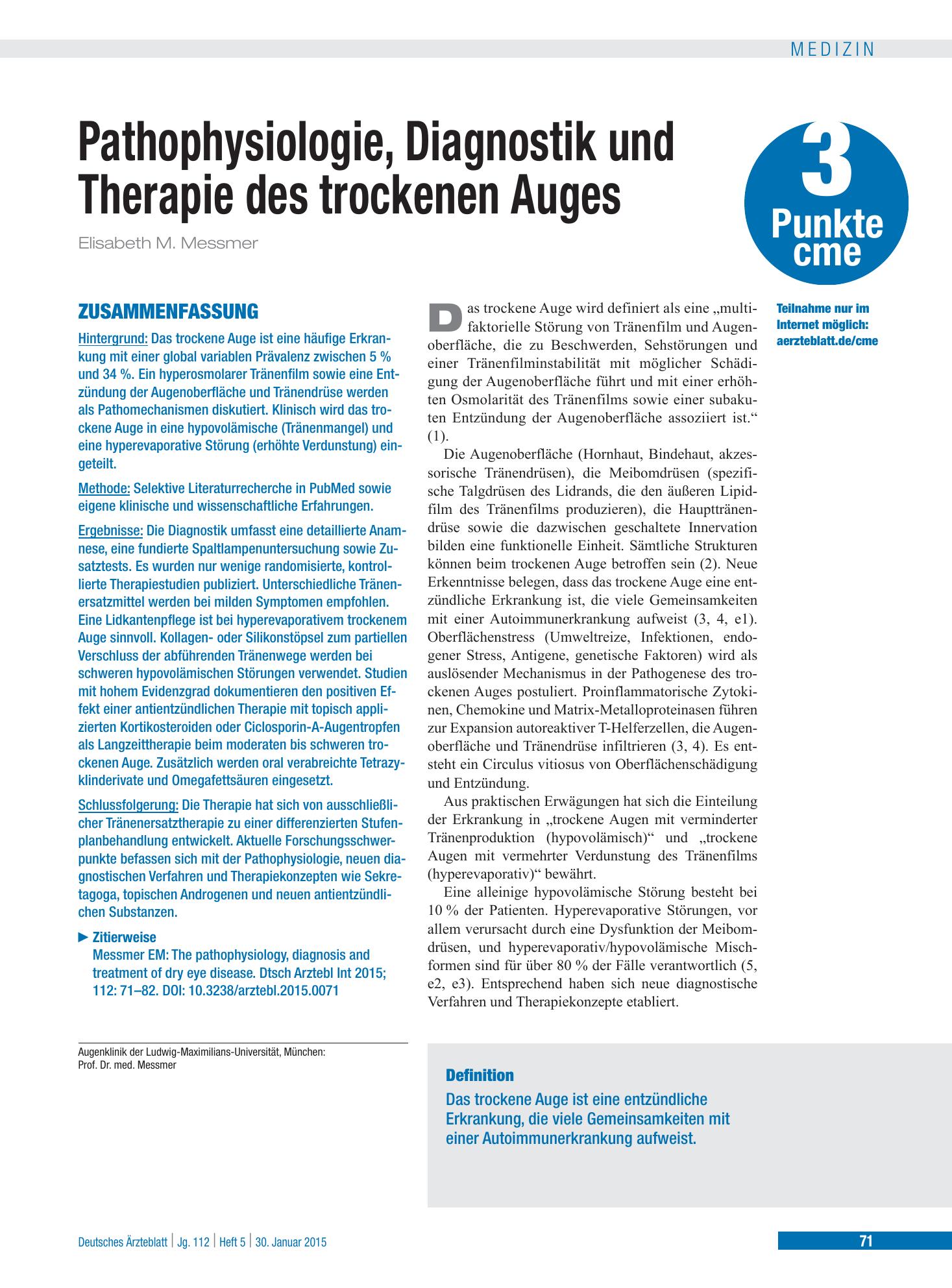 Vorschauseite 1: Pathophysiologie, Diagnostik und Therapie des trockenen Auges – Deutsches Ärzteblatt