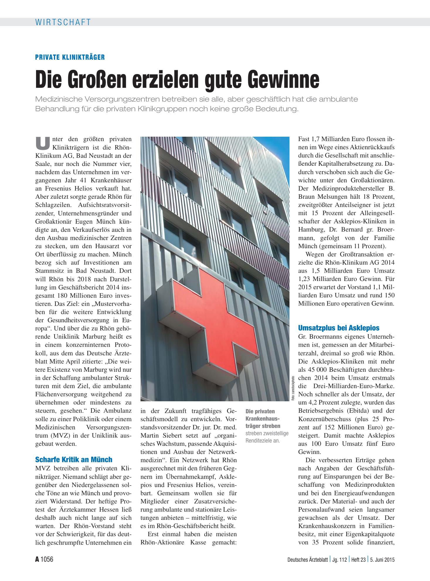 Vorschauseite 1: Private Klinikträger: Die Großen erzielen gute Gewinne – Deutsches Ärzteblatt