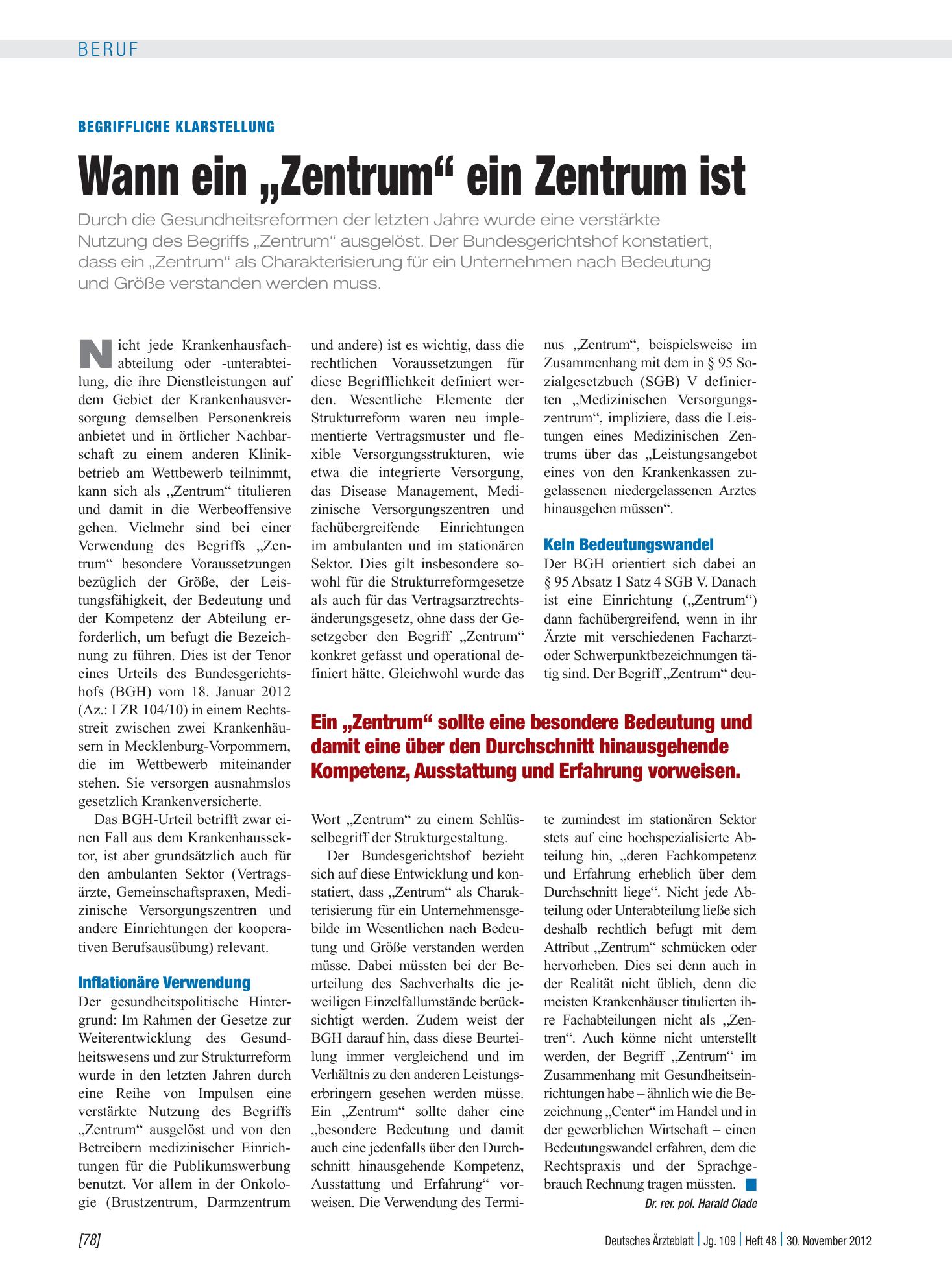 Vorschauseite 1: Begriffliche Klarstellung: Wann ein „Zentrum“ ein Zentrum ist – Deutsches Ärzteblatt