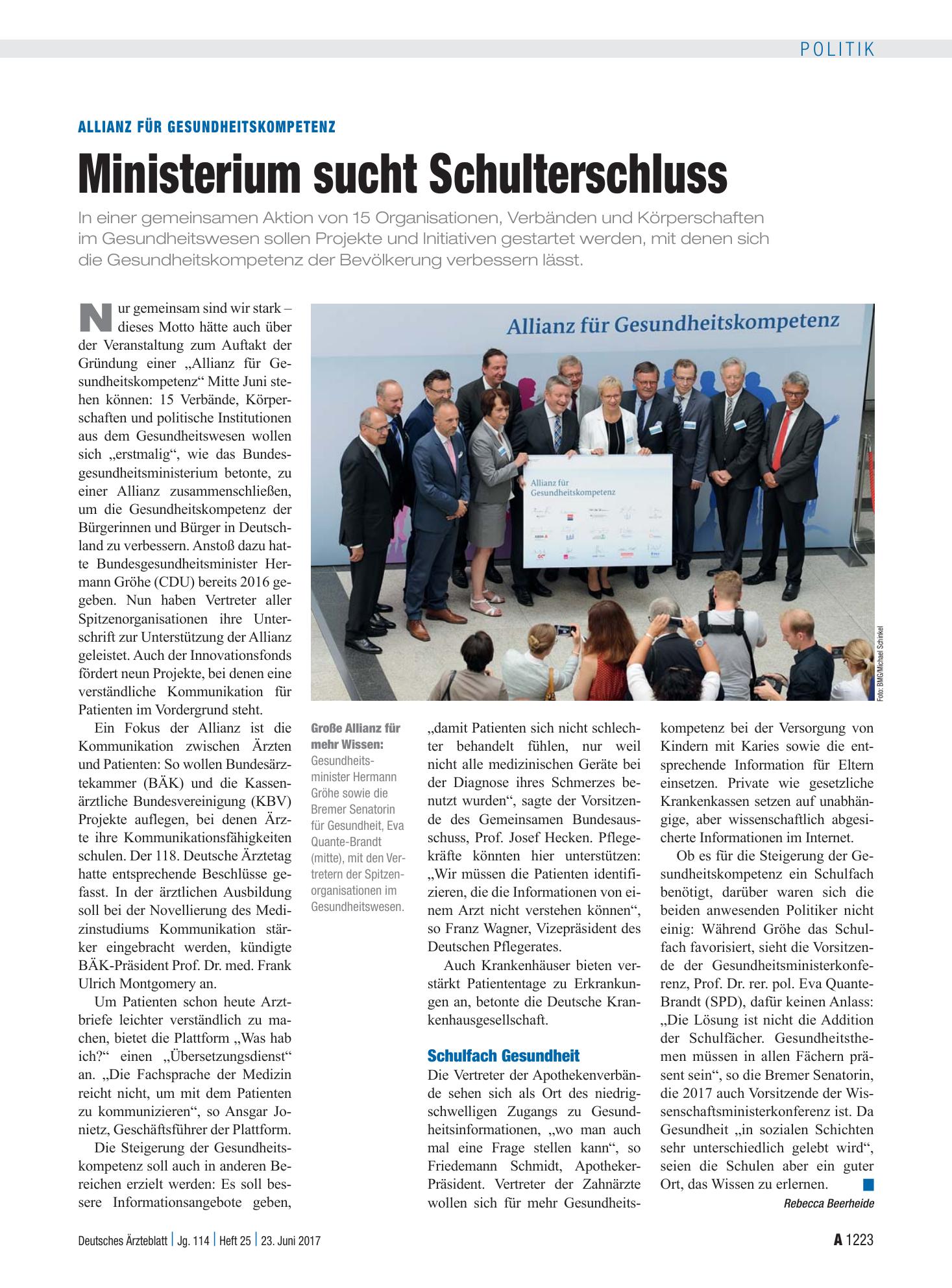 Vorschauseite 1: Allianz für Gesundheitskompetenz: Ministerium sucht Schulterschluss – Deutsches Ärzteblatt