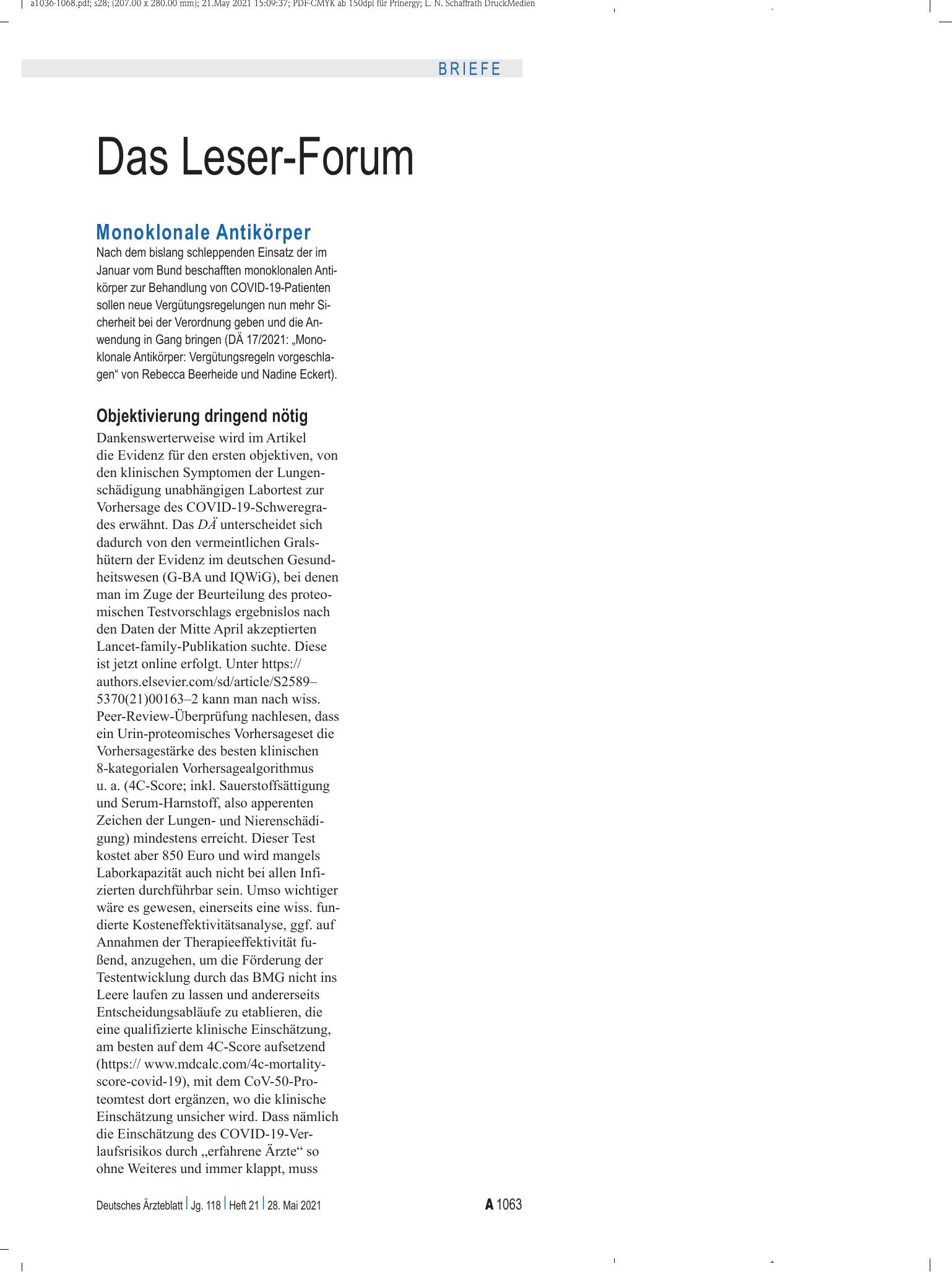 Vorschauseite 1: Monoklonale Antikörper: Objektivierung dringend nötig – Deutsches Ärzteblatt