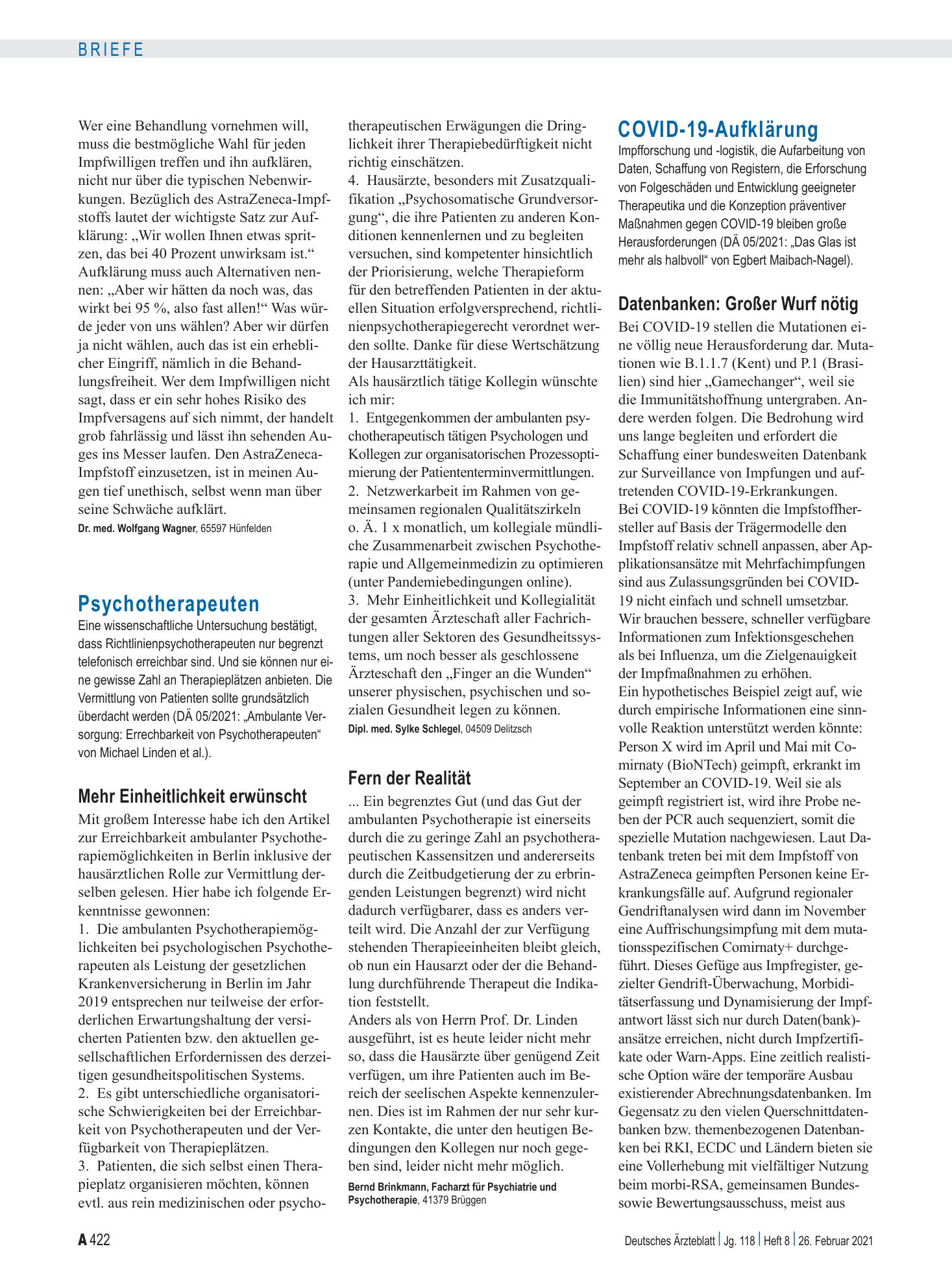 Vorschauseite 1: Psychotherapeuten: Fern der Realität – Deutsches Ärzteblatt