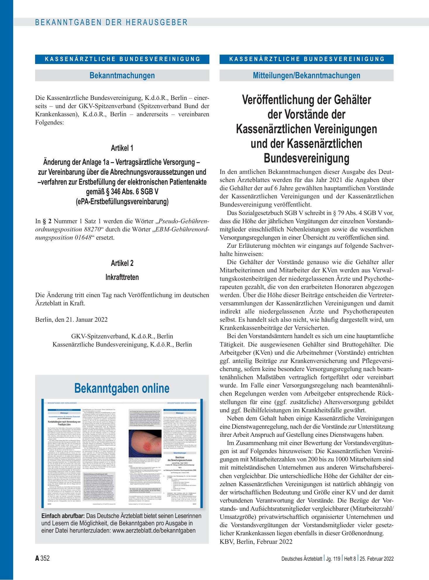 Vorschauseite 1: Bekanntgaben online – Deutsches Ärzteblatt