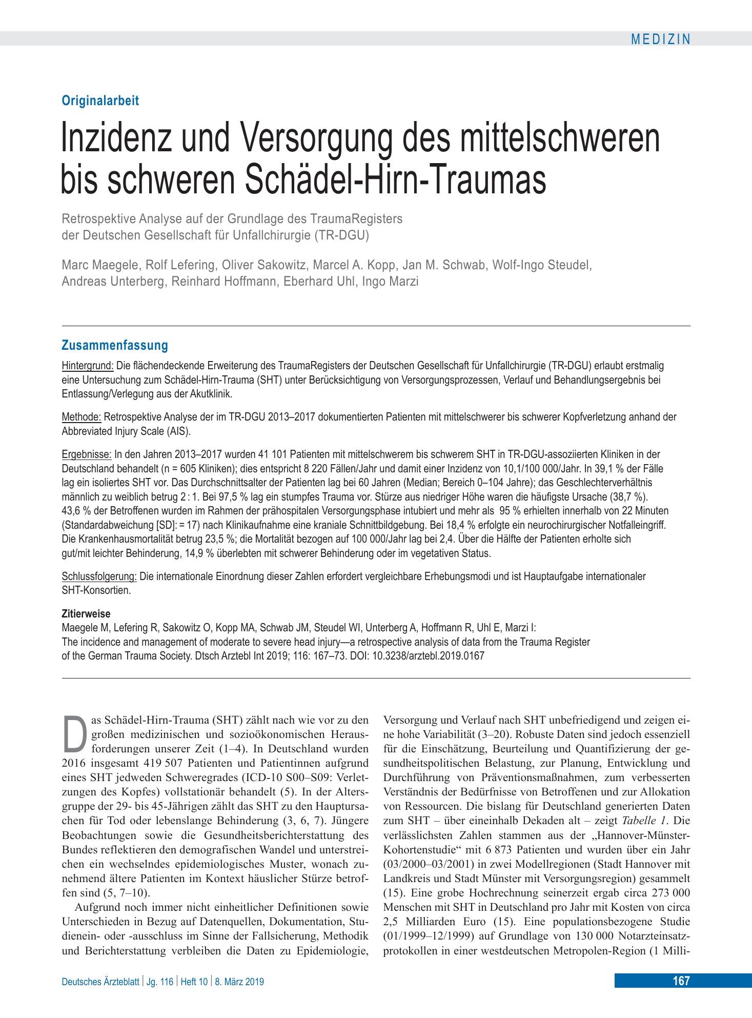 Vorschauseite 1: Inzidenz und Versorgung des mittelschweren bis schweren Schädel-Hirn-Traumas – Deutsches Ärzteblatt