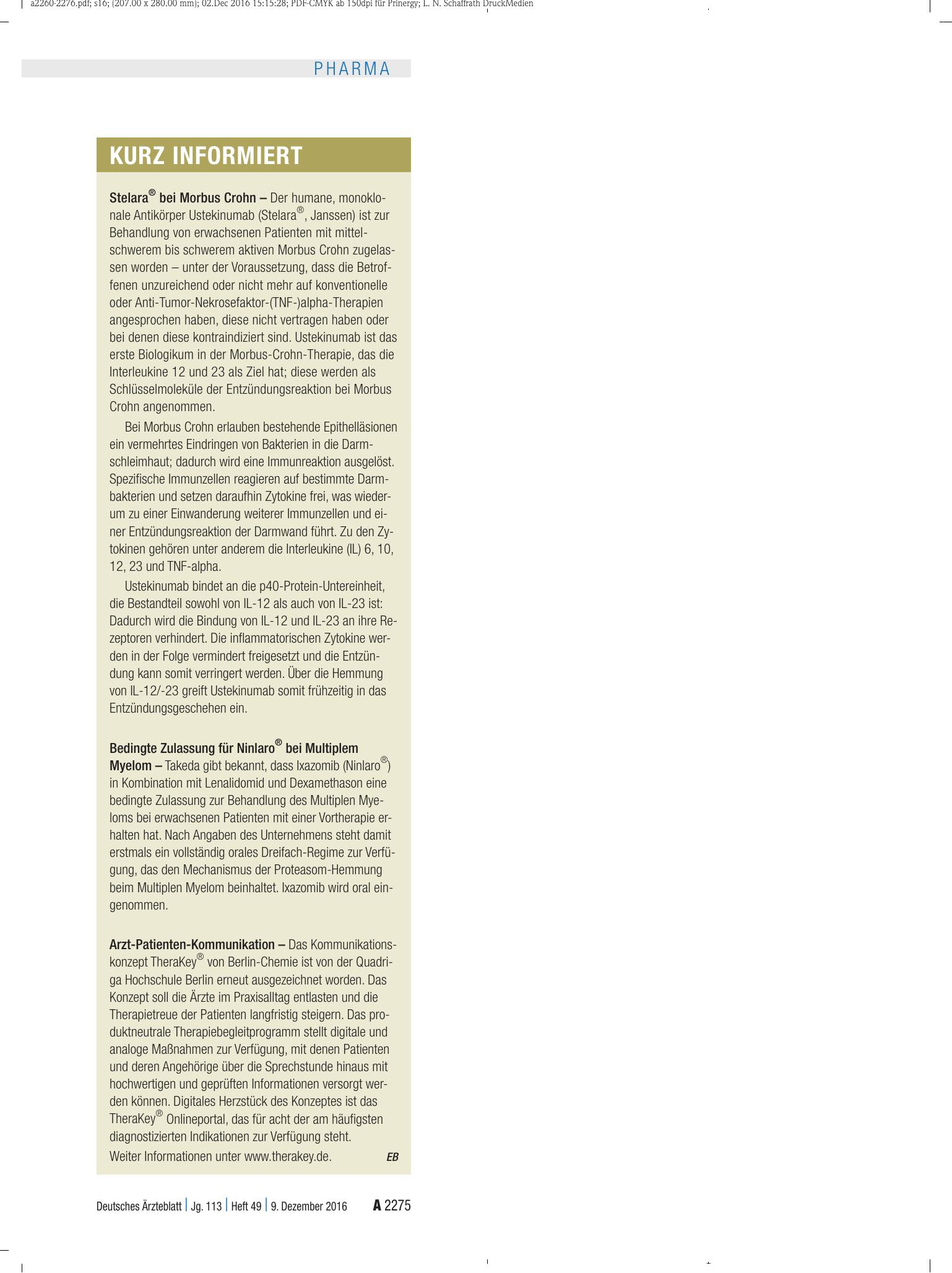 Vorschauseite 1: Kurz Informiert: Stelara® bei Morbus Crohn, Bedingte Zulassung für Ninlaro® bei Multiplem Myelom und Arzt-Patienten-Kommunikation – Deutsches Ärzteblatt