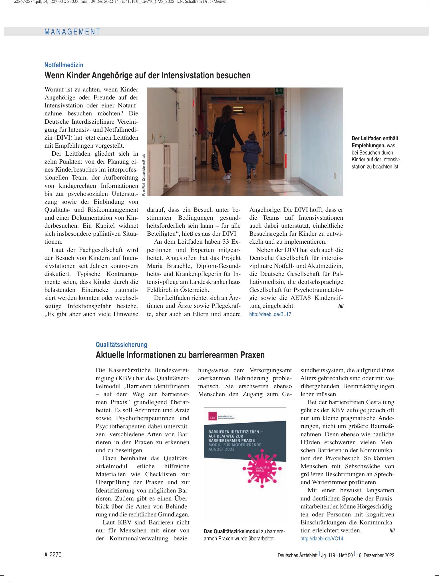 Vorschauseite 1: Qualitätssicherung: Aktuelle Informationen zu barrierearmen Praxen – Deutsches Ärzteblatt