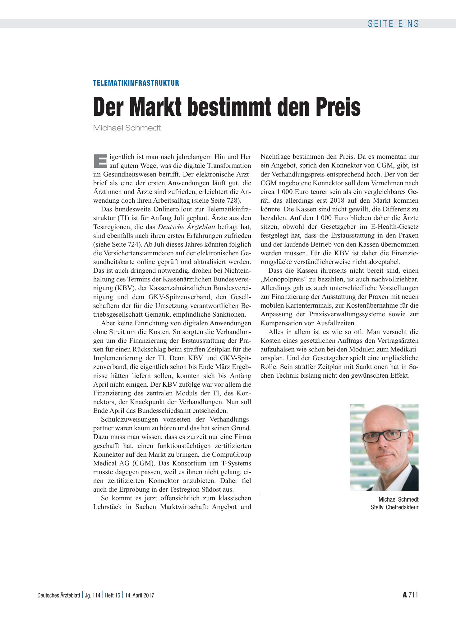 Vorschauseite 1: Telematikinfrastruktur: Der Markt bestimmt den Preis – Deutsches Ärzteblatt