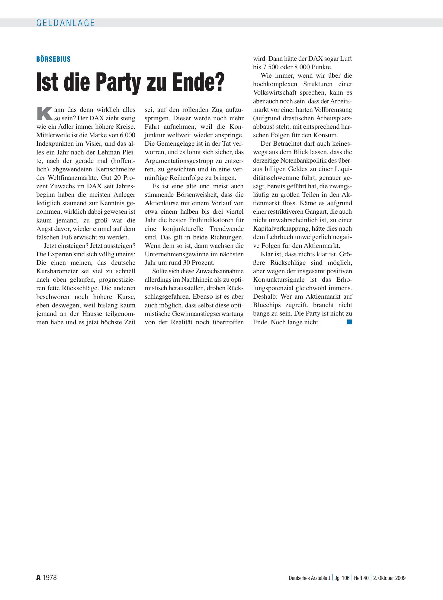 Vorschauseite 1: Börsebius: Ist die Party zu Ende? – Deutsches Ärzteblatt