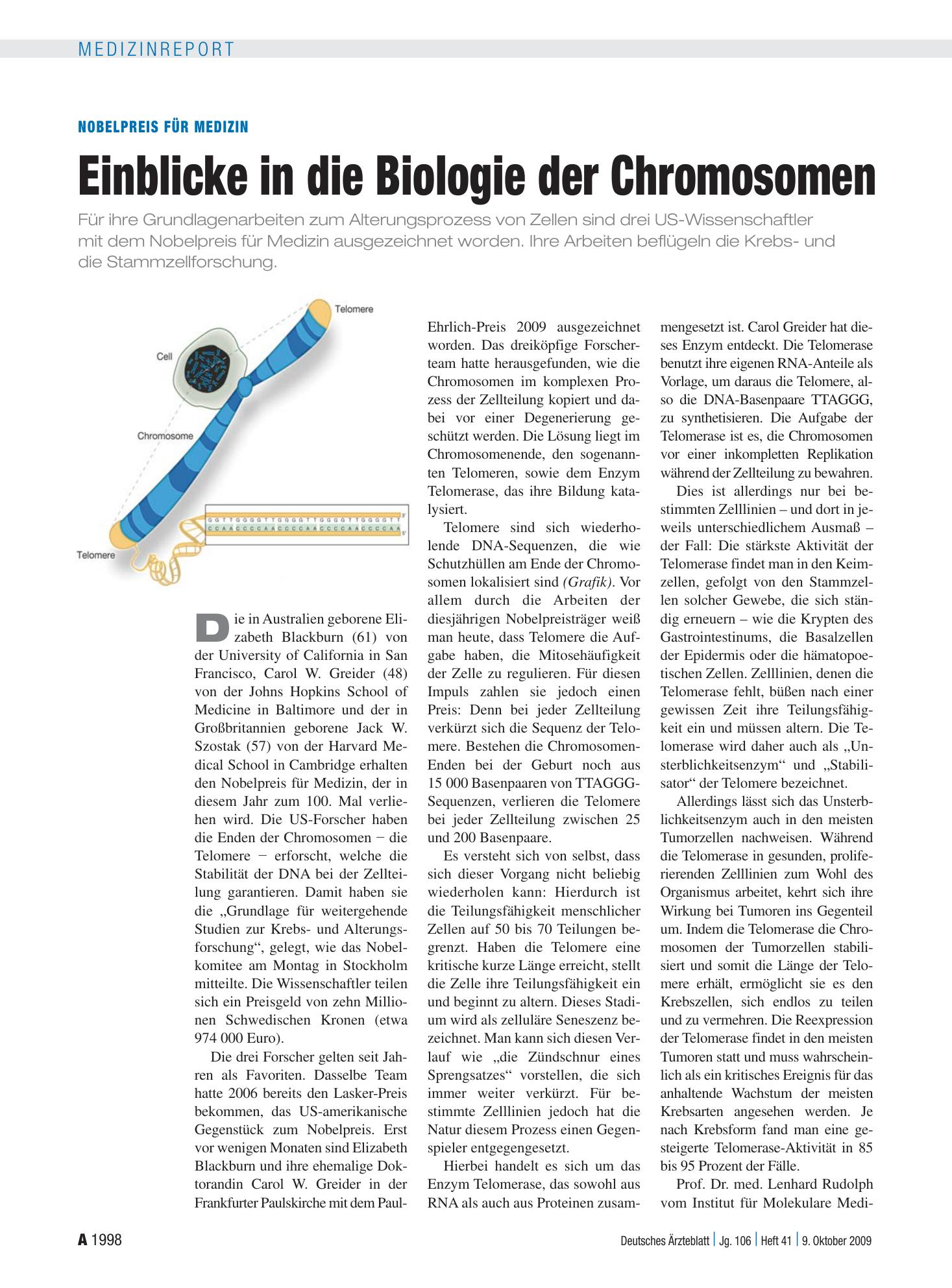 Vorschauseite 1: Nobelpreis für Medizin: Einblicke in die Biologie der Chromosomen – Deutsches Ärzteblatt