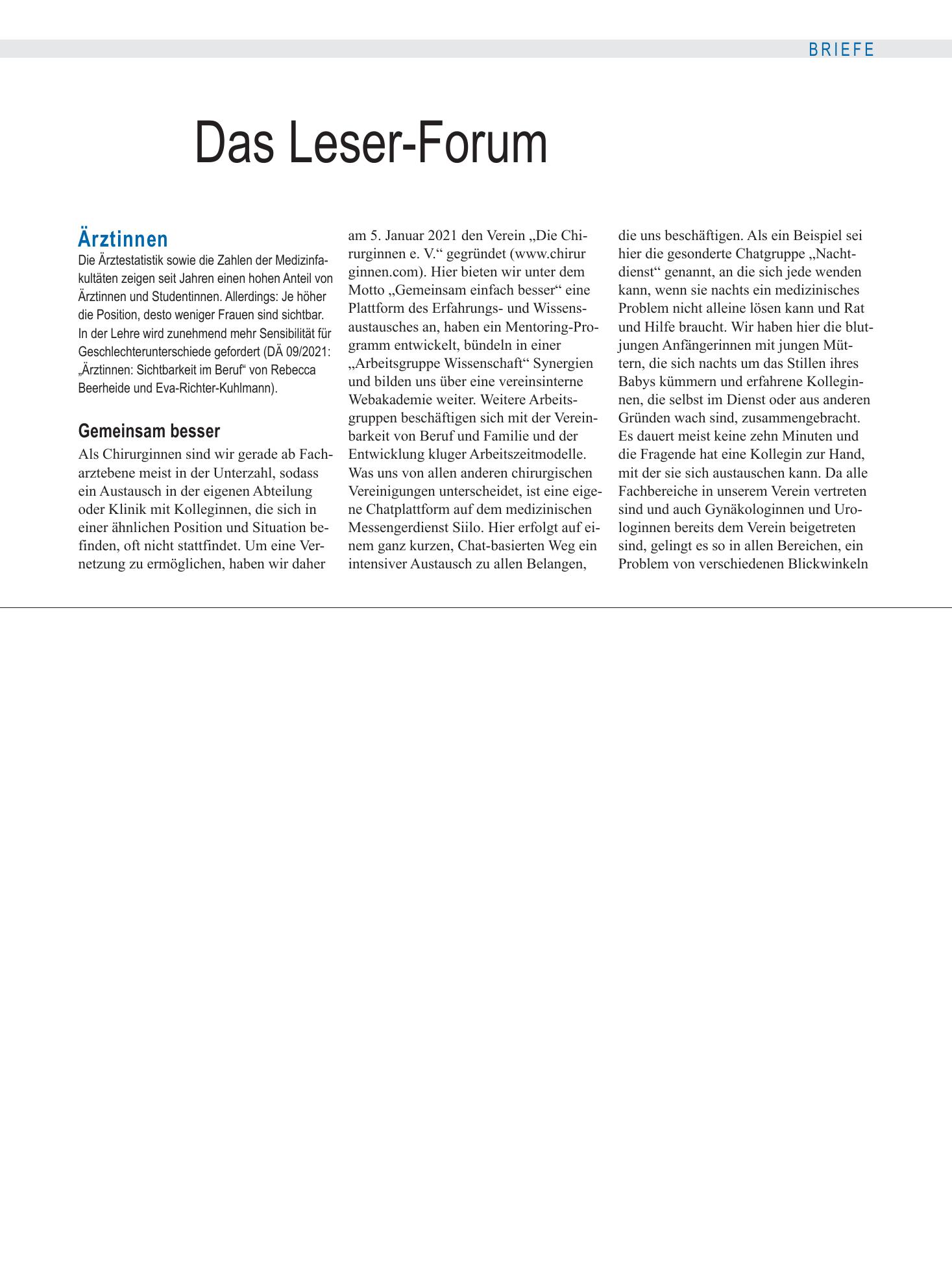 Vorschauseite 1: Ärztinnen: Gemeinsam besser – Deutsches Ärzteblatt