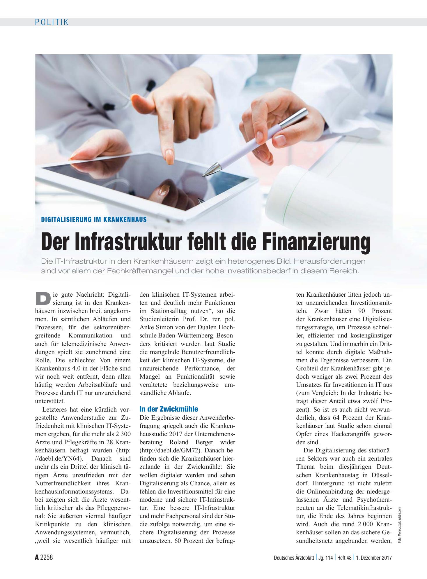 Vorschauseite 1: Digitalisierung im Krankenhaus: Der Infrastruktur fehlt die Finanzierung – Deutsches Ärzteblatt