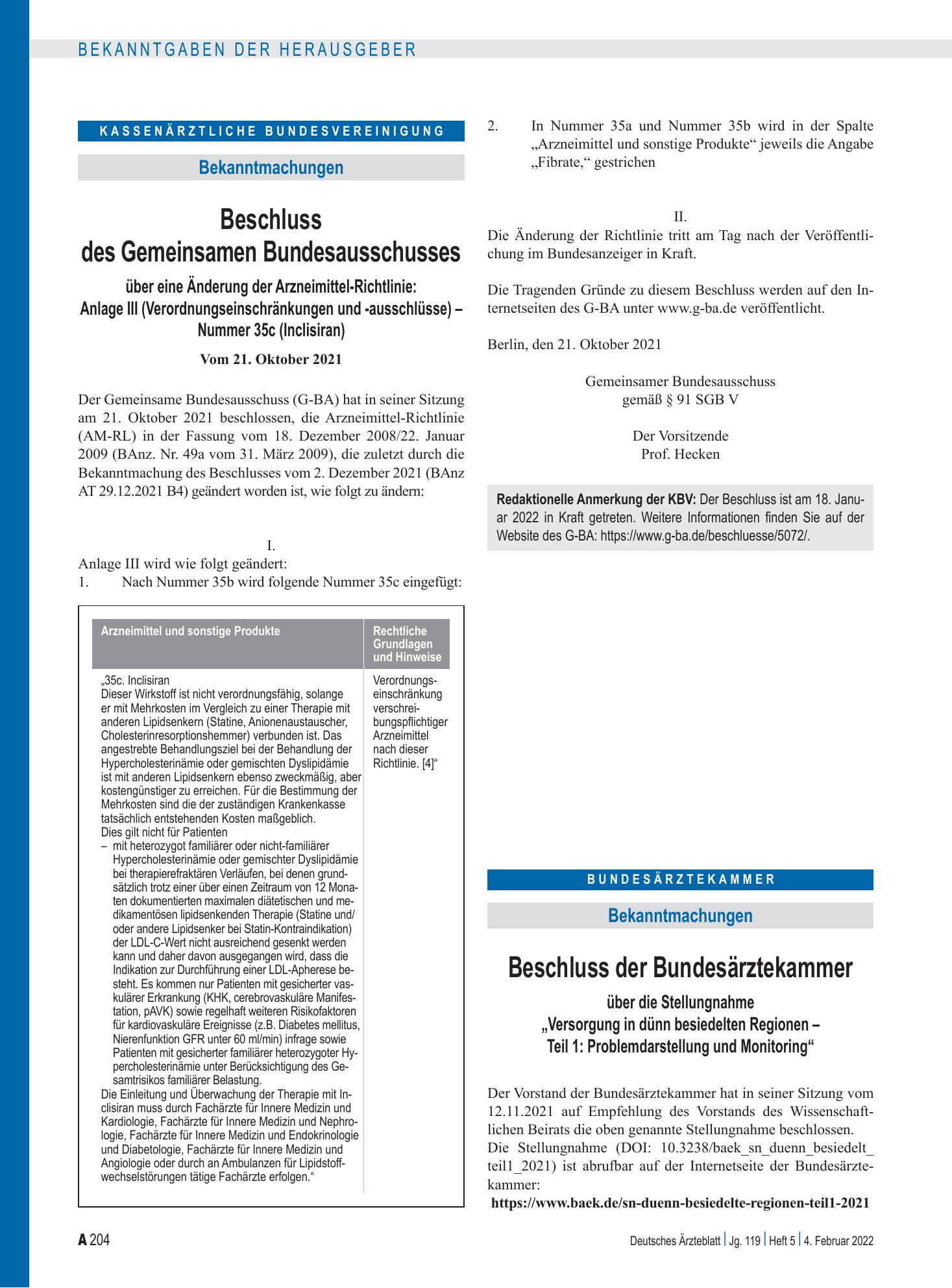 Vorschauseite 1: Beschluss des Gemeinsamen Bundesausschusses über eine Änderung der Arzneimittel-Richtlinie: Anlage III (Verordnungseinschränkungen und -ausschlüsse) – Nummer 35c (Inclisiran) – De…