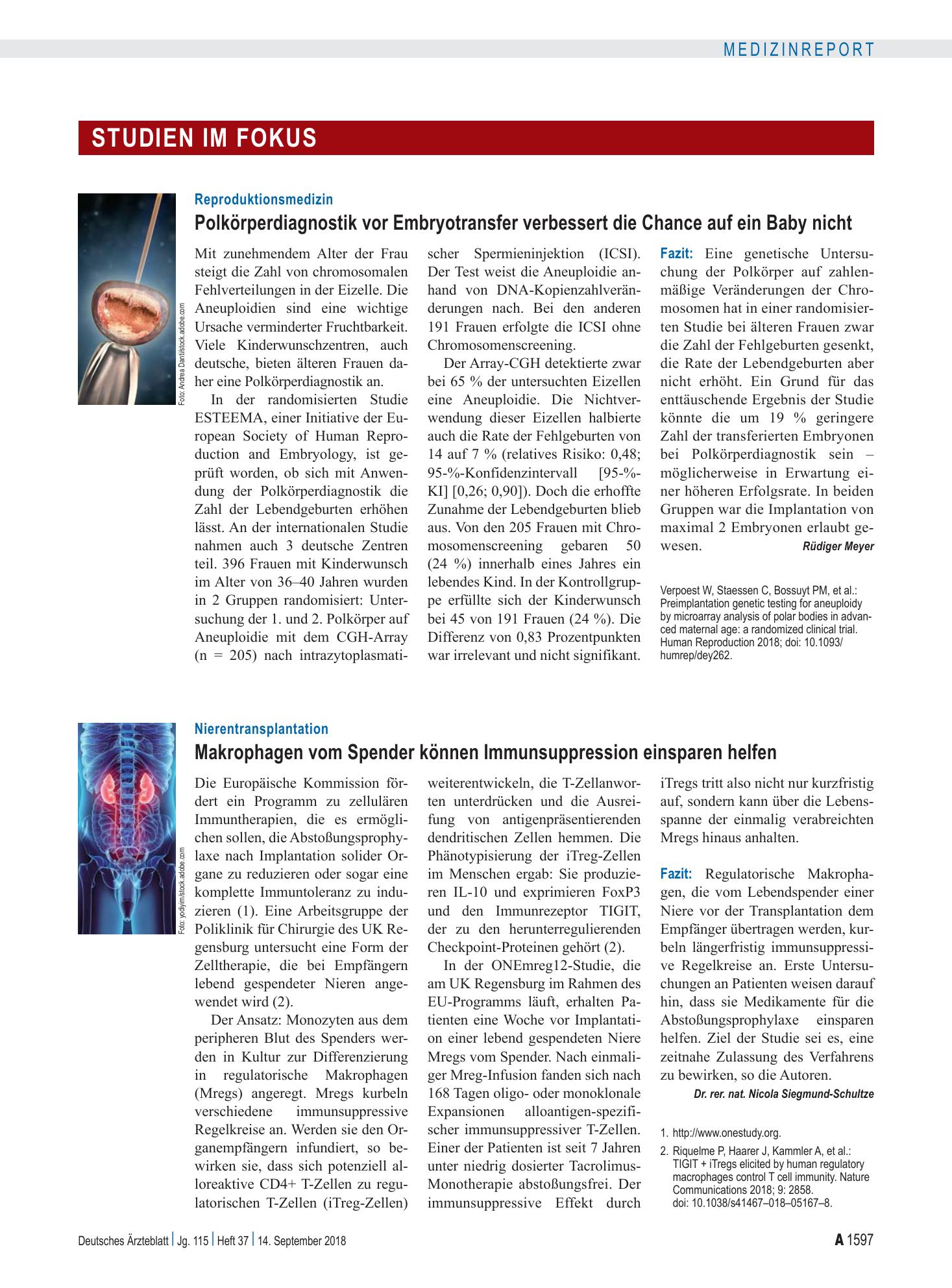 Vorschauseite 1: Nierentransplantation: Makrophagen vom Spender können Immunsuppression einsparen helfen – Deutsches Ärzteblatt