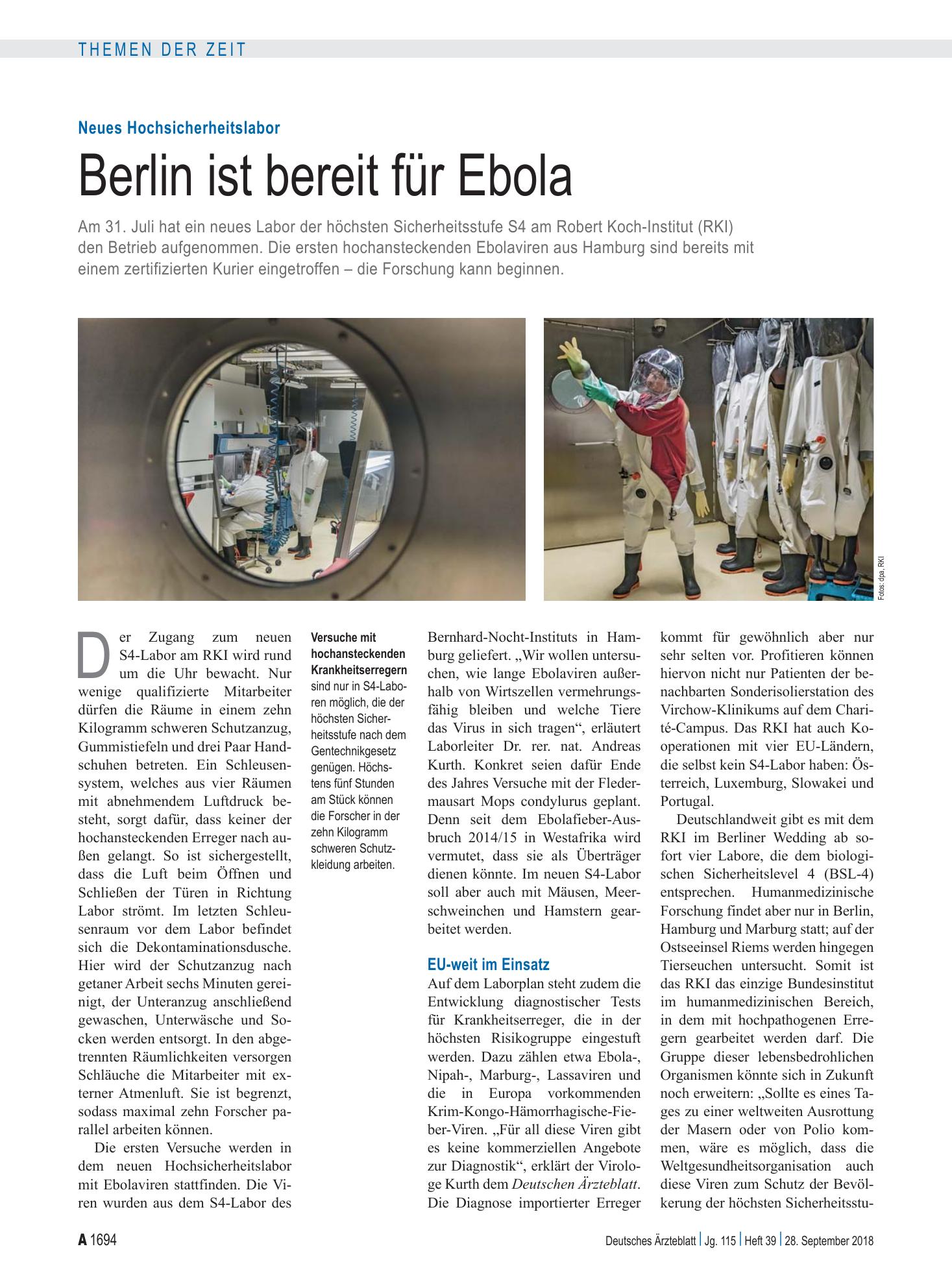 Vorschauseite 1: Neues Hochsicherheitslabor: Berlin ist bereit für Ebola – Deutsches Ärzteblatt