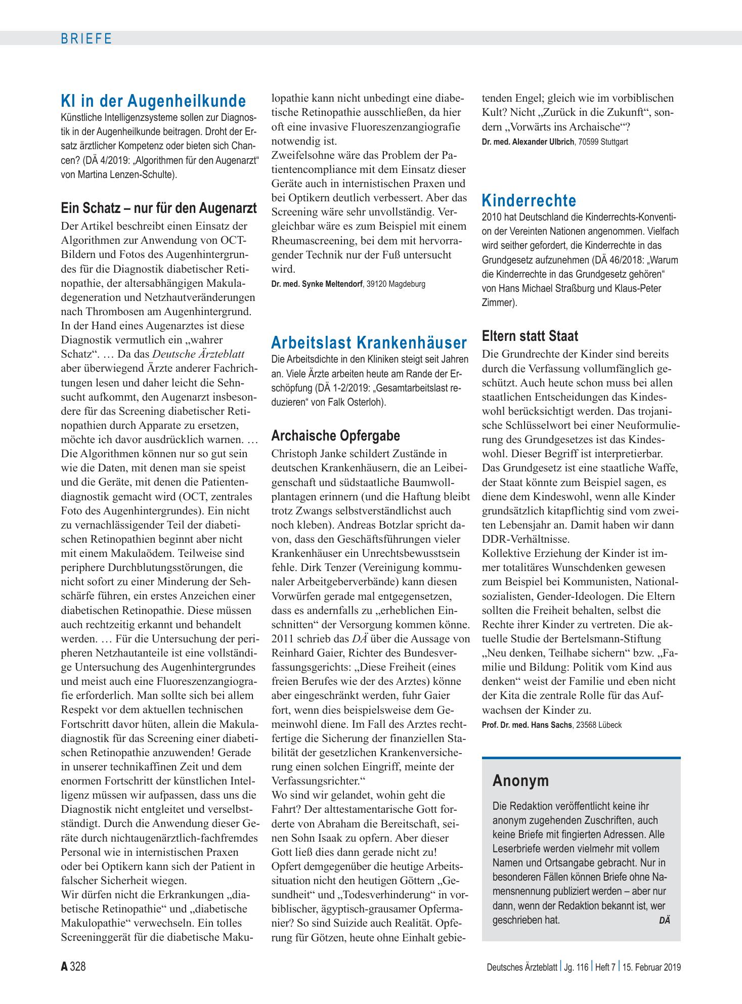 Vorschauseite 1: Anonym – Deutsches Ärzteblatt
