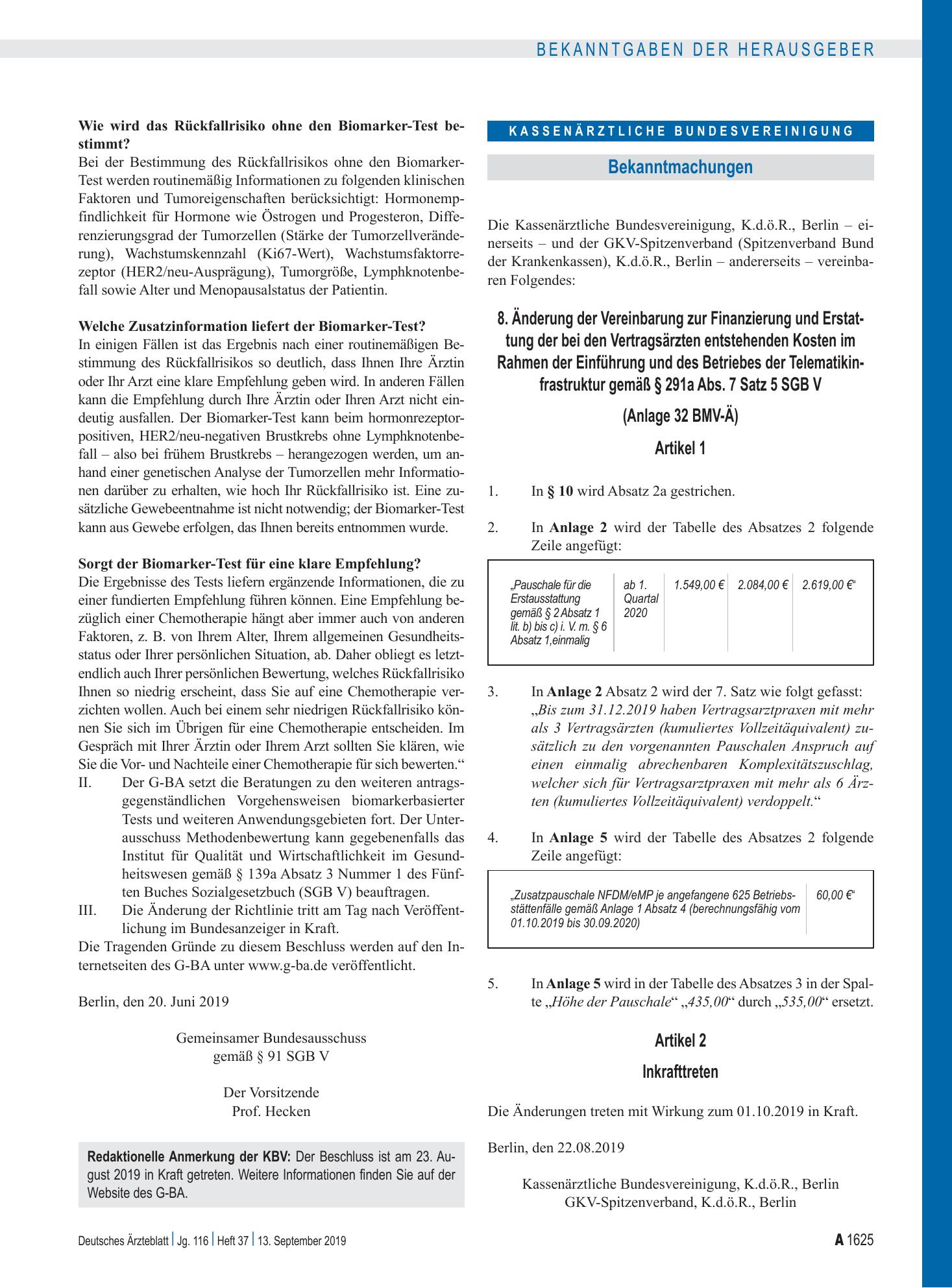 Vorschauseite 1: 8. Änderung der Vereinbarung zur Finanzierung und Erstattung der bei den Vertragsärzten entstehenden Kosten im Rahmen der Einführung und des Betriebes der Telematikinfrastruktur g…