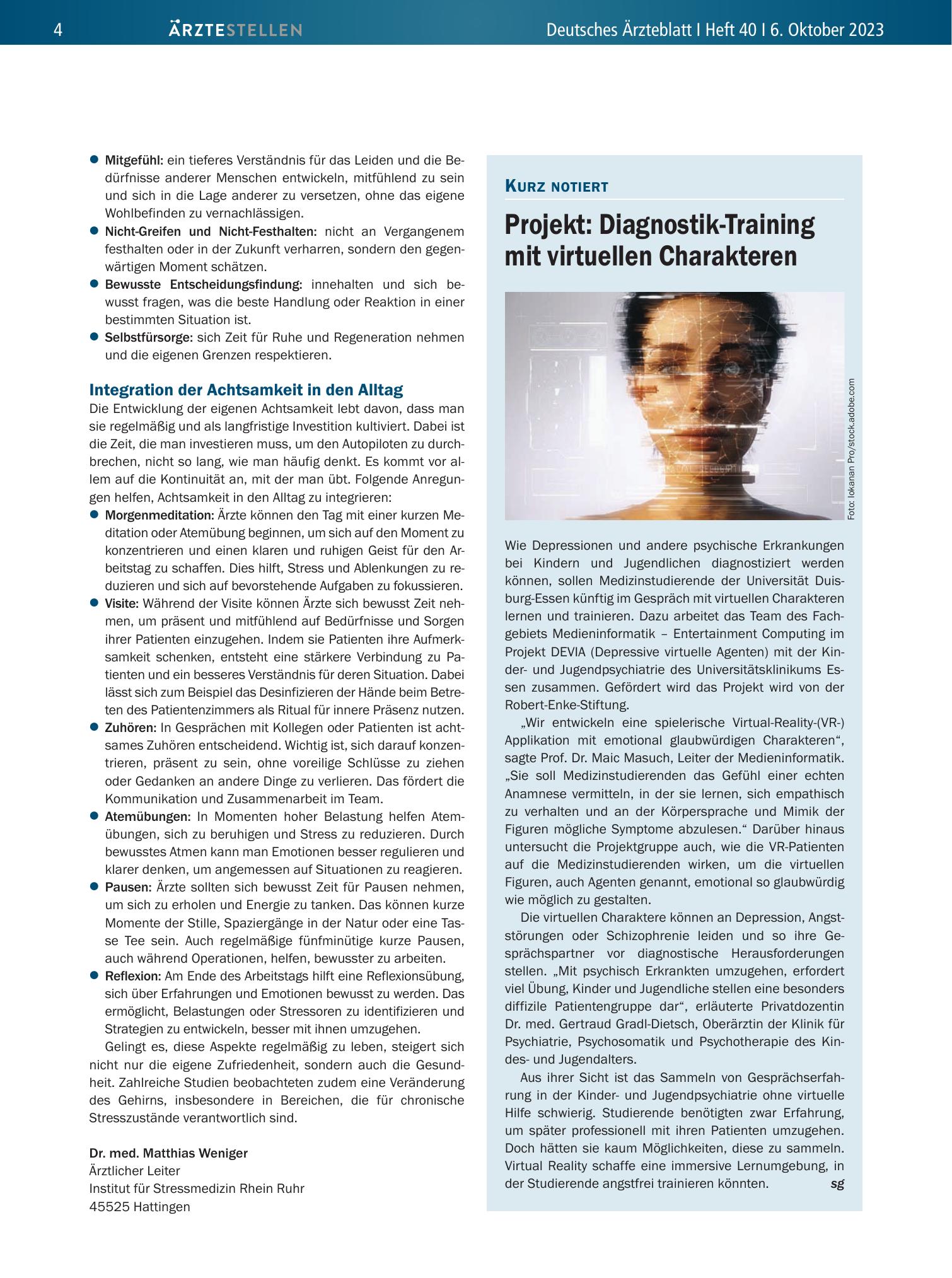 Vorschauseite 1: Projekt: Diagnostik-Training mit virtuellen Charakteren – Deutsches Ärzteblatt