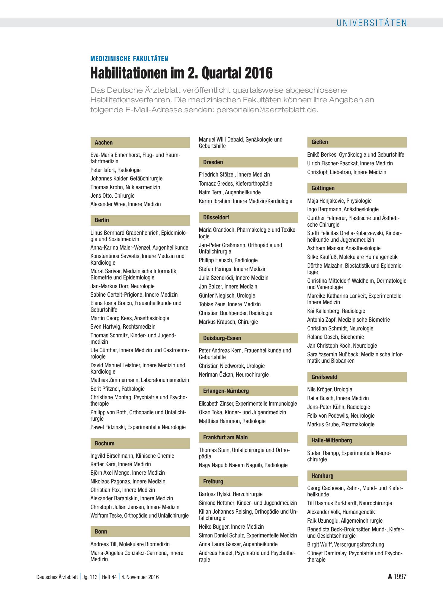 Vorschauseite 1: Medizinische Fakultäten: Habilitationen im 2. Quartal 2016 – Deutsches Ärzteblatt