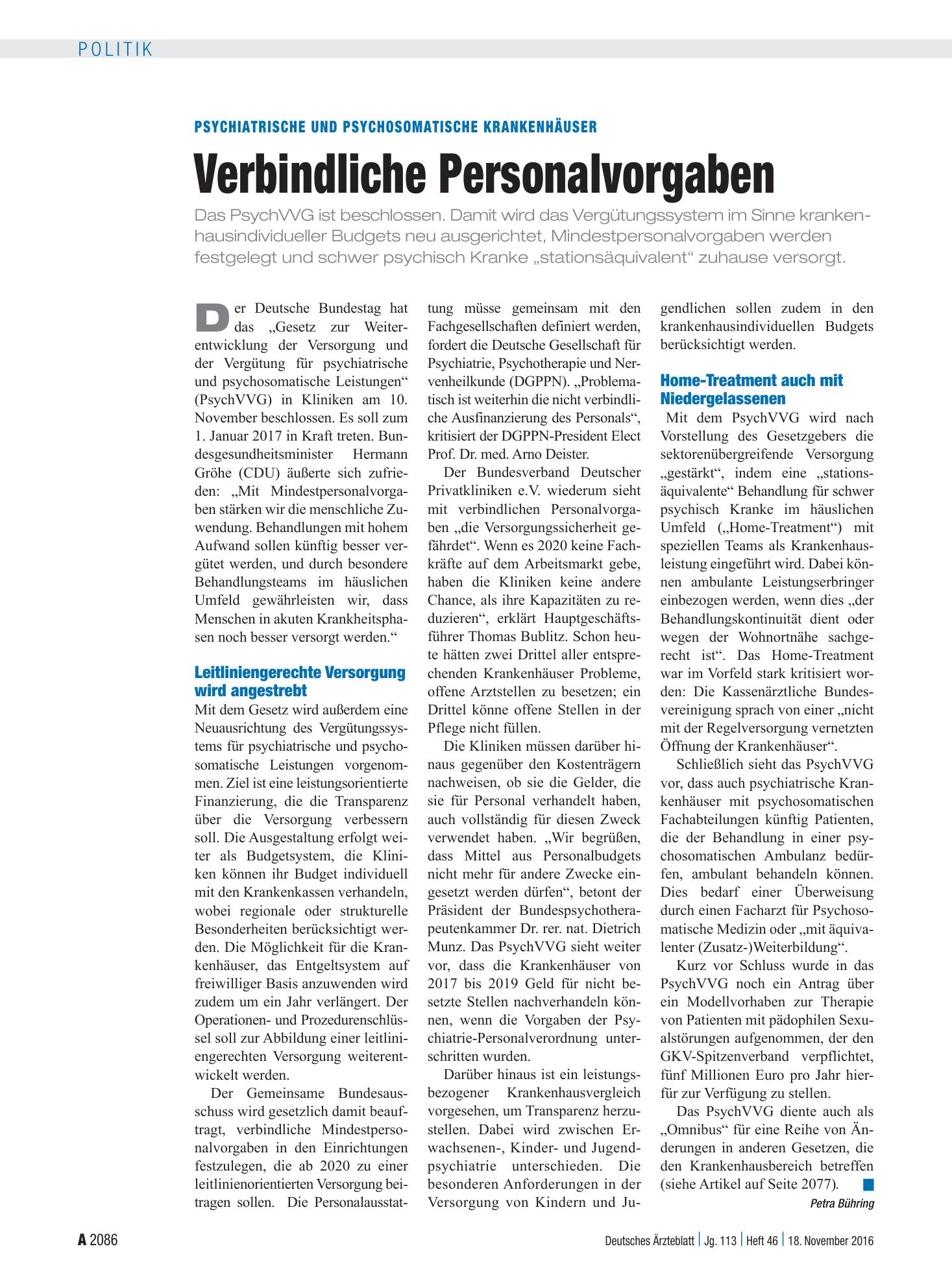 Vorschauseite 1: Psychiatrische und Psychosomatische Krankenhäuser: Verbindliche Personalvorgaben – Deutsches Ärzteblatt