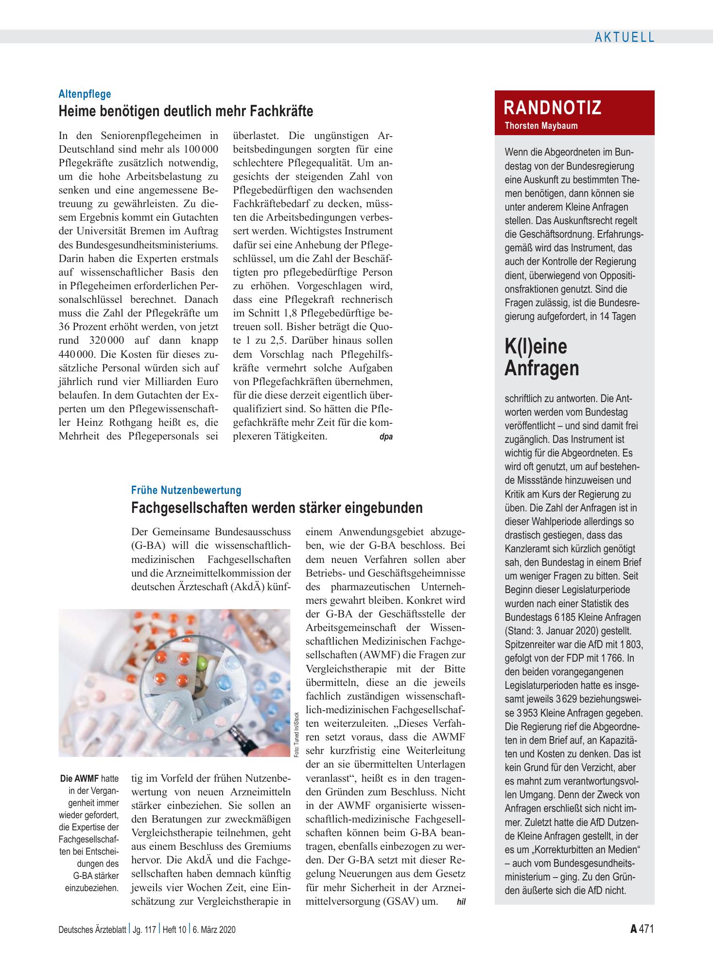 Vorschauseite 1: Frühe Nutzenbewertung: Fachgesellschaften werden stärker eingebunden – Deutsches Ärzteblatt