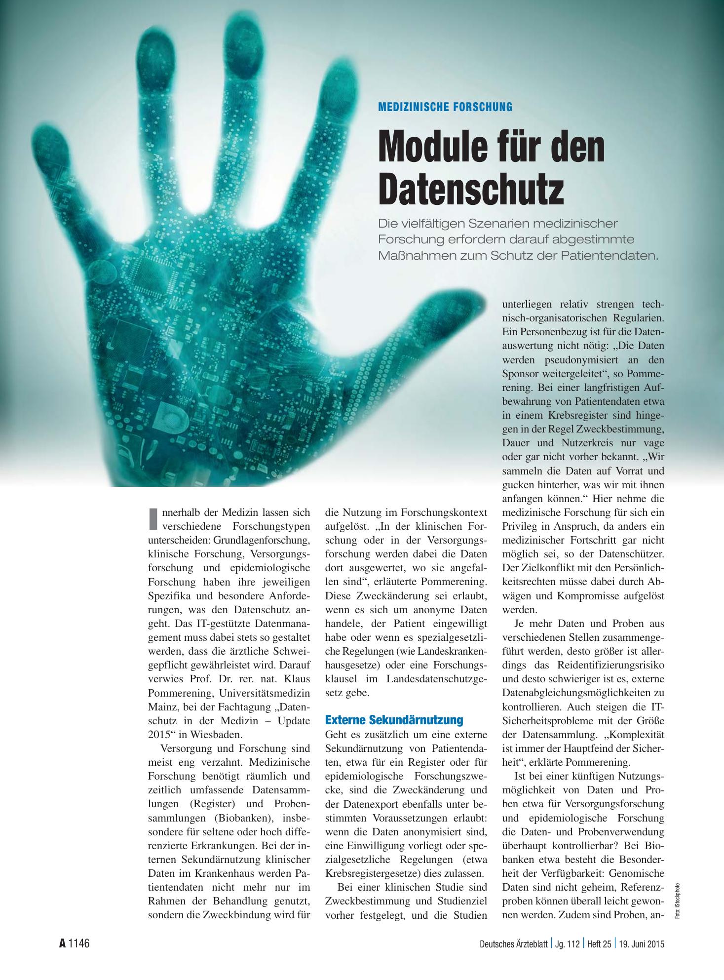 Vorschauseite 1: Medizinische Forschung: Module für den Datenschutz – Deutsches Ärzteblatt