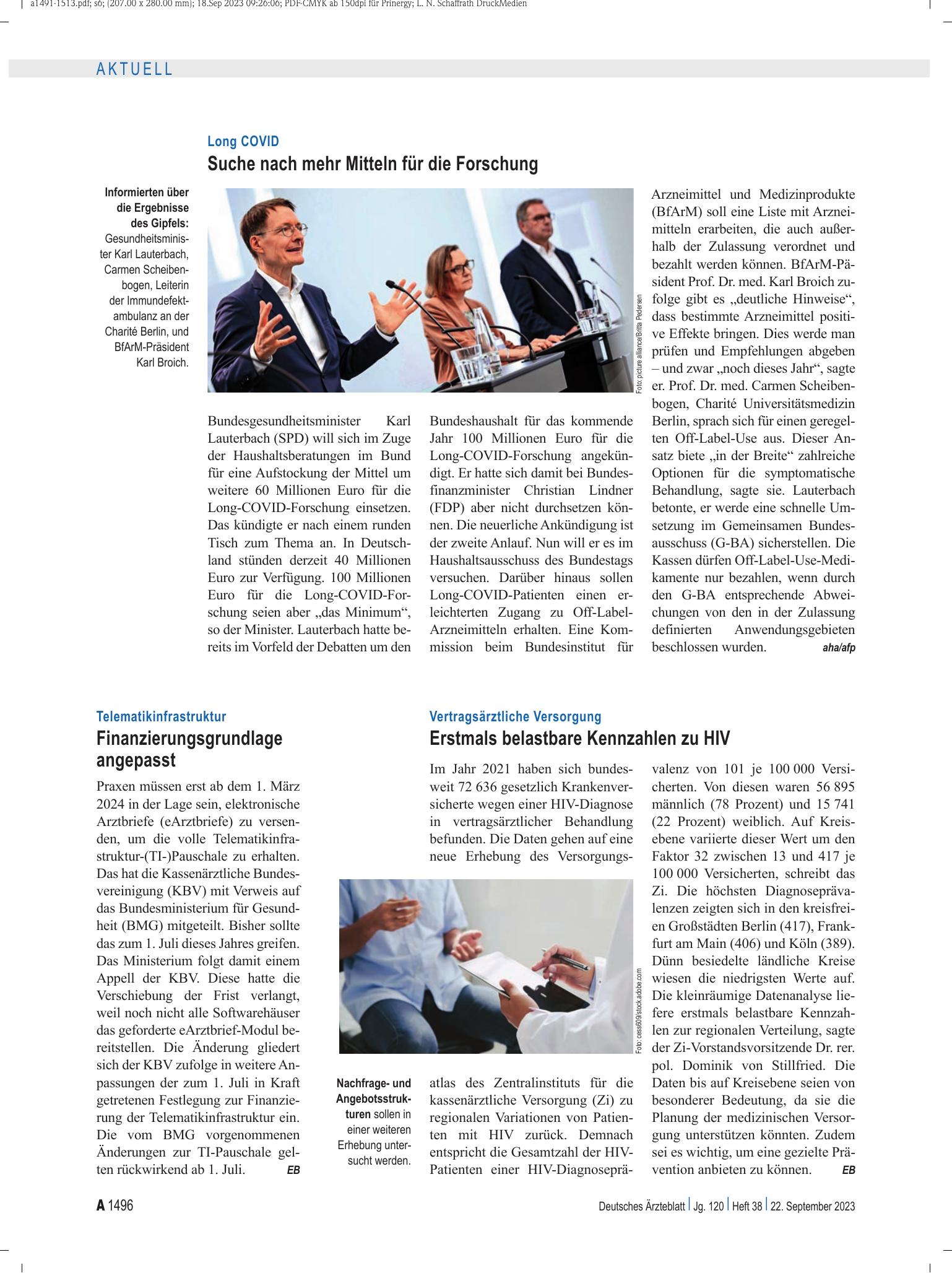 Vorschauseite 1: Vertragsärztliche Versorgung: Erstmals belastbare Kennzahlen zu HIV – Deutsches Ärzteblatt
