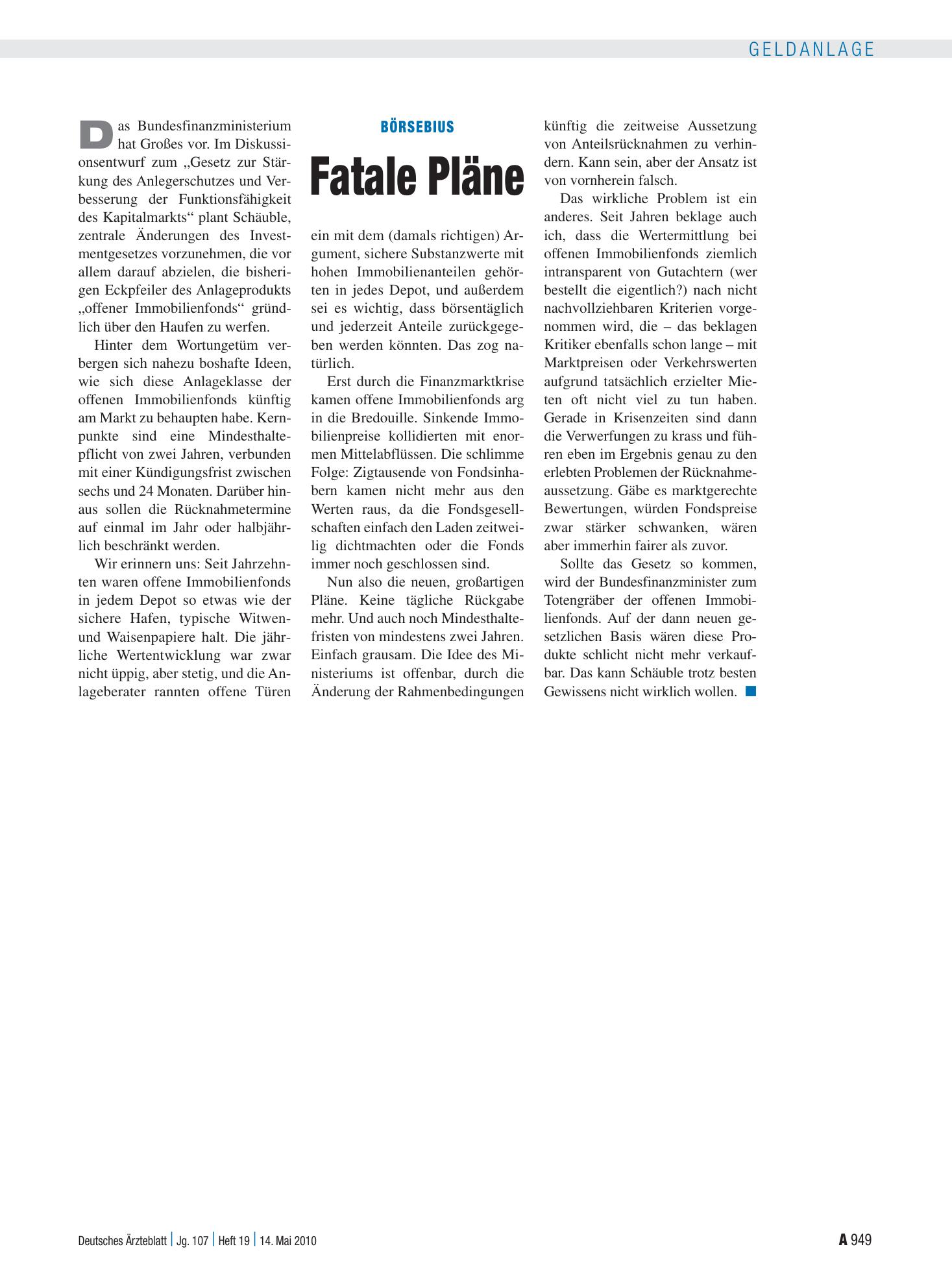 Vorschauseite 1: Börsebius: Fatale Pläne – Deutsches Ärzteblatt