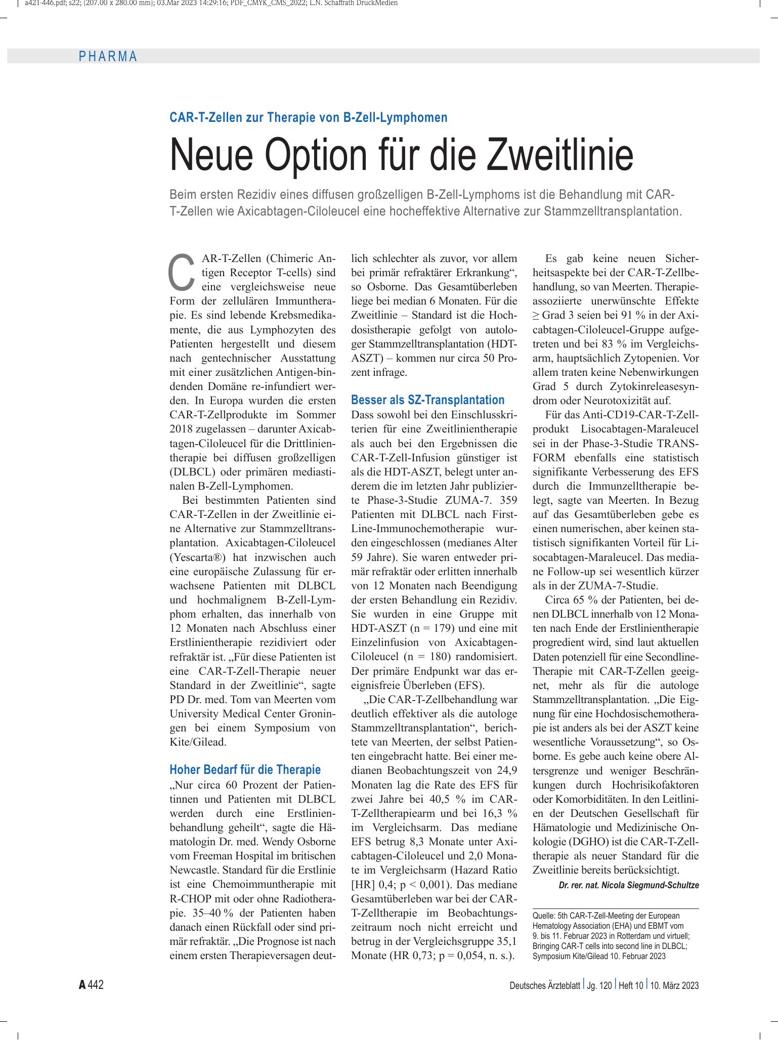 Vorschauseite 1: CAR-T-Zellen zur Therapie von B-Zell-Lymphomen: Neue Option für die Zweitlinie – Deutsches Ärzteblatt
