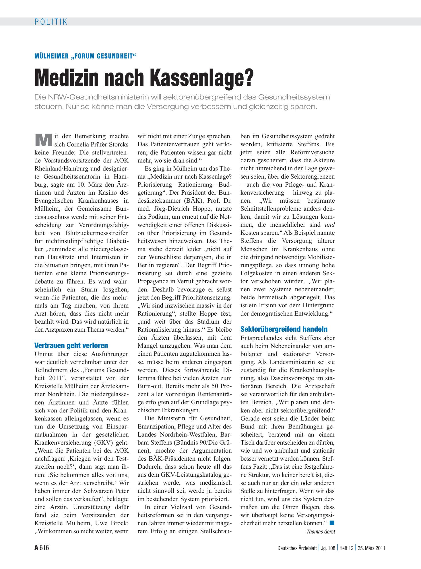 Vorschauseite 1: Mülheimer „Forum Gesundheit“: Medizin nach Kassenlage? – Deutsches Ärzteblatt